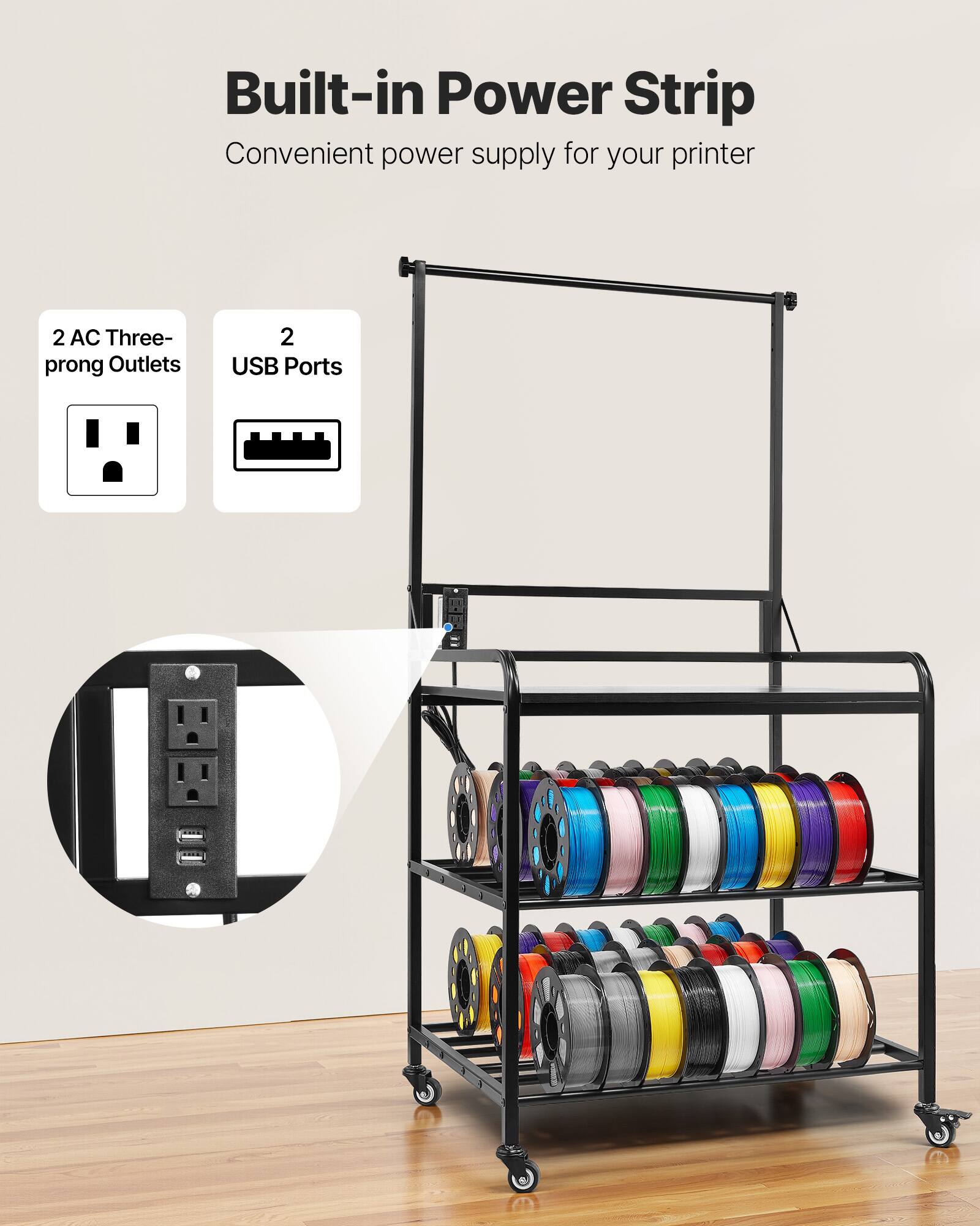 Built-in Power Strip  
Convenient power supply for your printer  

2 AC Three-prong Outlets  
2 USB Ports