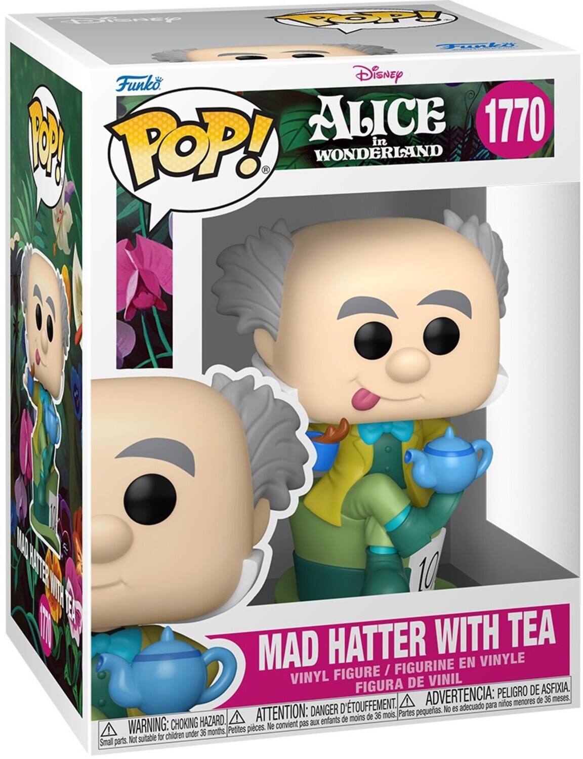 Disney  
POP!  
Funko Disney ALICE 1770 in WONDERLAND  
MAD HATTER WITH TEA  
VINYL FIGURE / FIGURINE EN VINYLE / FIGURA DE VINIL  
ADVERTENCIA: PELIGRO DE ASFIXIA, menores de 36 meses.  
ATTENTION: DANGER D'ÉTOUFFEMENT, ne convient pas aux enfants de moins de 36 mois.  
WARNING: CHOKING HAZARD. Small parts. Not suitable for children under 36 months.
