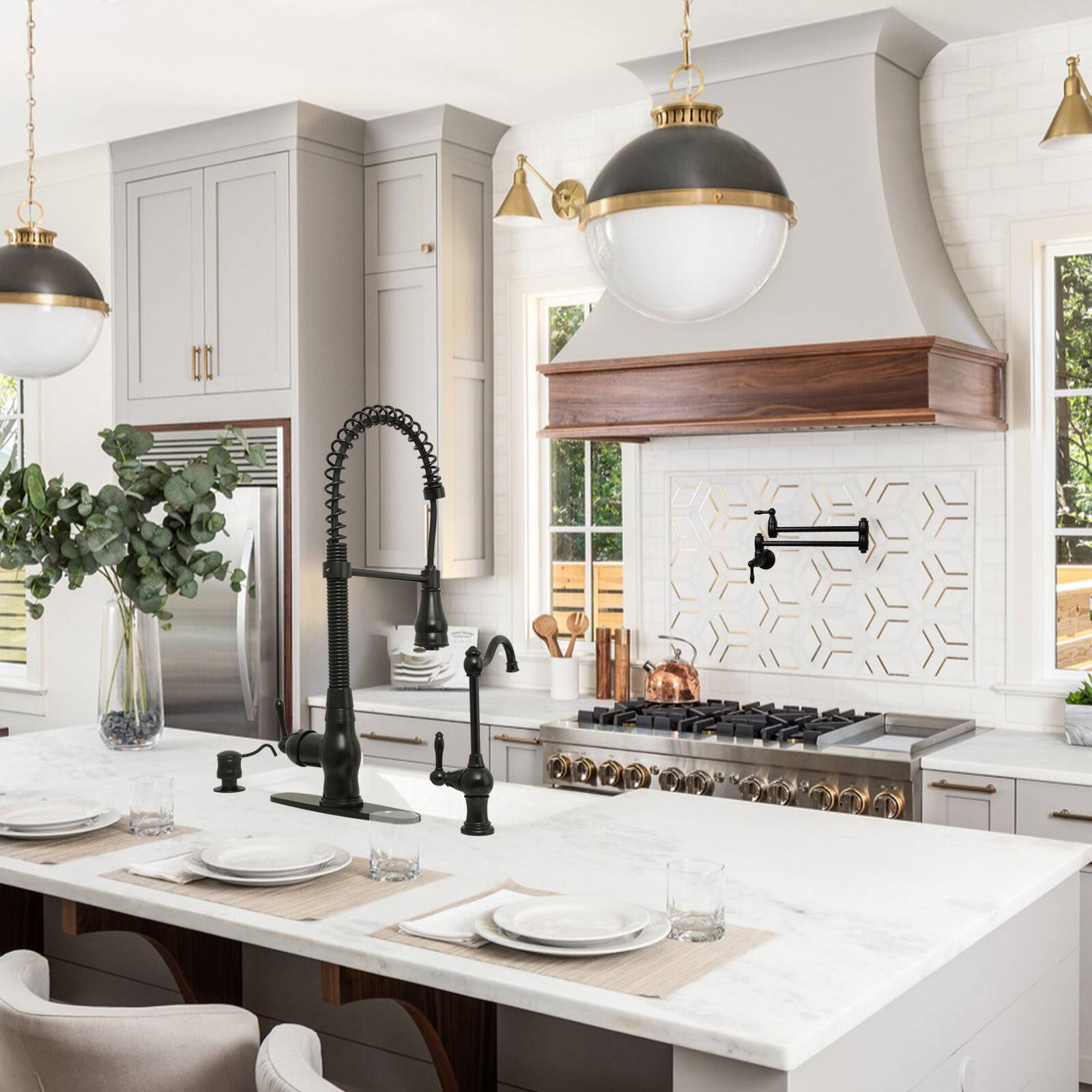 Alt View 5. Akicon - Akicon Solid Brass Pre-Rinse Spring Single Handle Kitchen Faucet with Pull Down Sprayer in Matte Black - Matte Black.