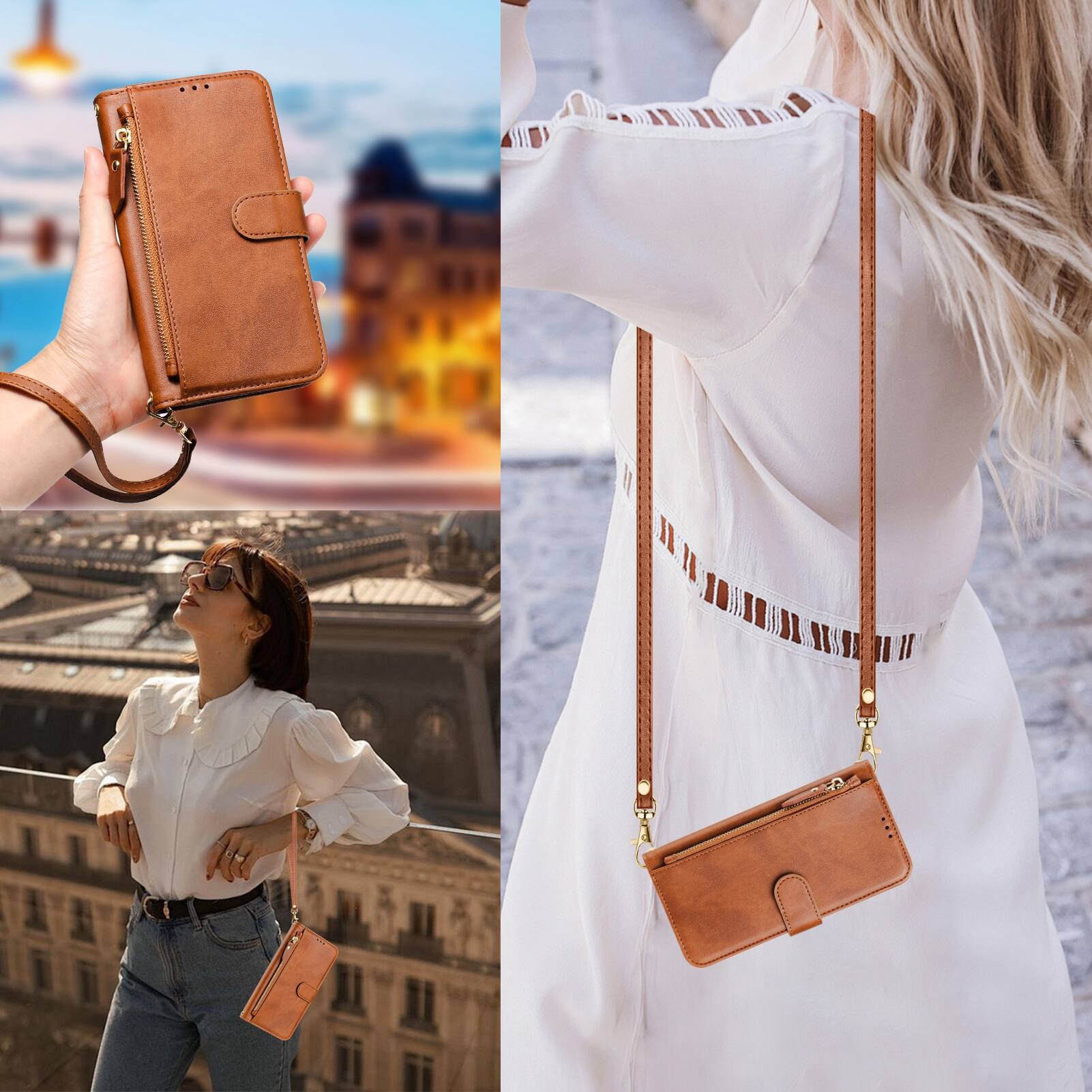 Left. UUCOVER - Zipper Wallet Case for Google Pixel 10 /10 Pro Magnetic PU Leather Card Slots Stand Cover with Shoulder / Wrist Strap - Brown.