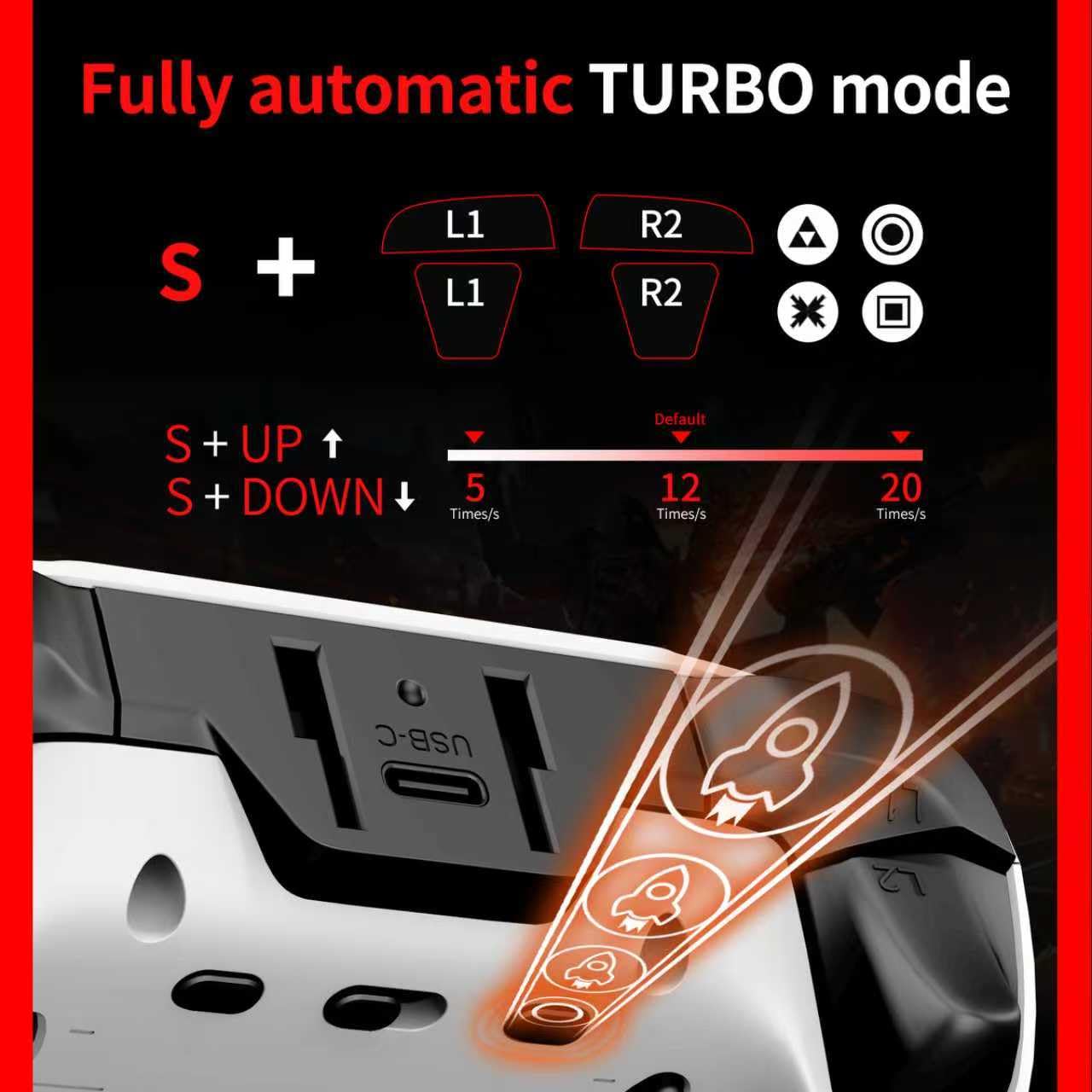 Fully automatic TURBO mode

S + L1 L1 R2 R2

S + UP S + DOWN

5 Times/s Default 12 Times/s 20 Times/s

USB-C
