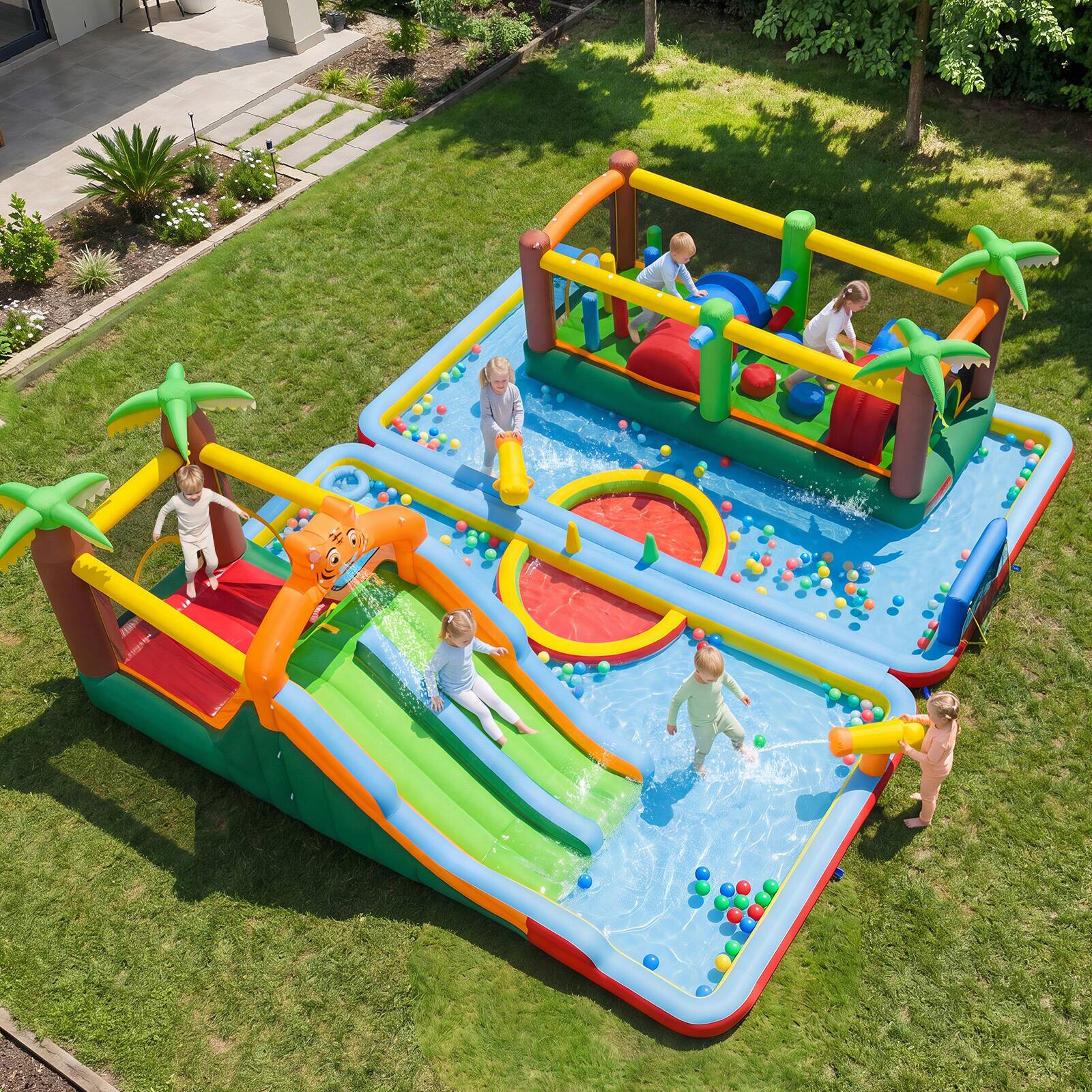 Alt View 1. Gymax - Gymax Inflatable Water Slide Park w/Double Slides Splash Pools Jumping Area Blower - Multicolor.