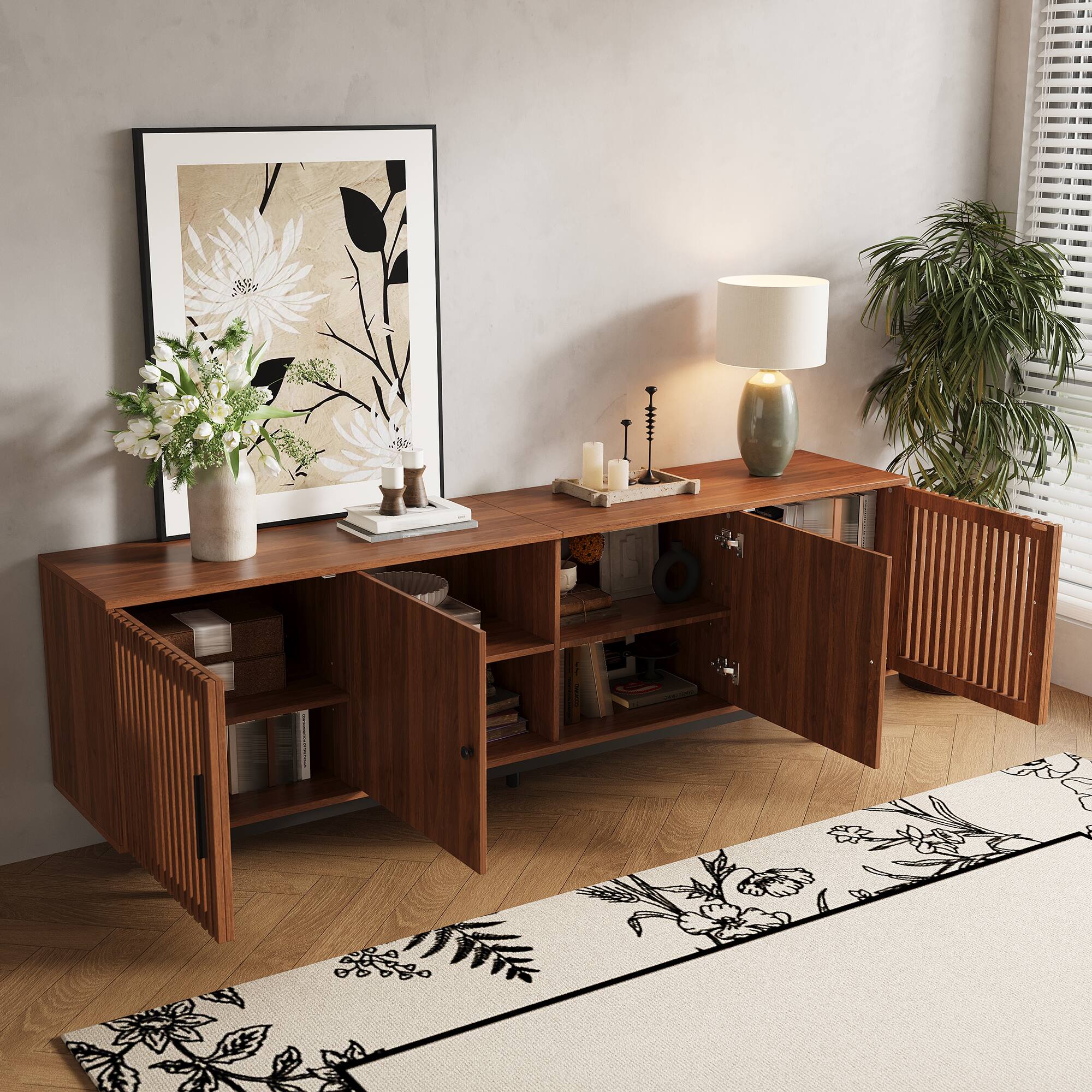 Back. MERAVOM - Mid-Century Modern TV Stand for TVs Up to 85", Entertainment Center with 4 Doors, Adjustable Shelves for Living Room - Walnut.