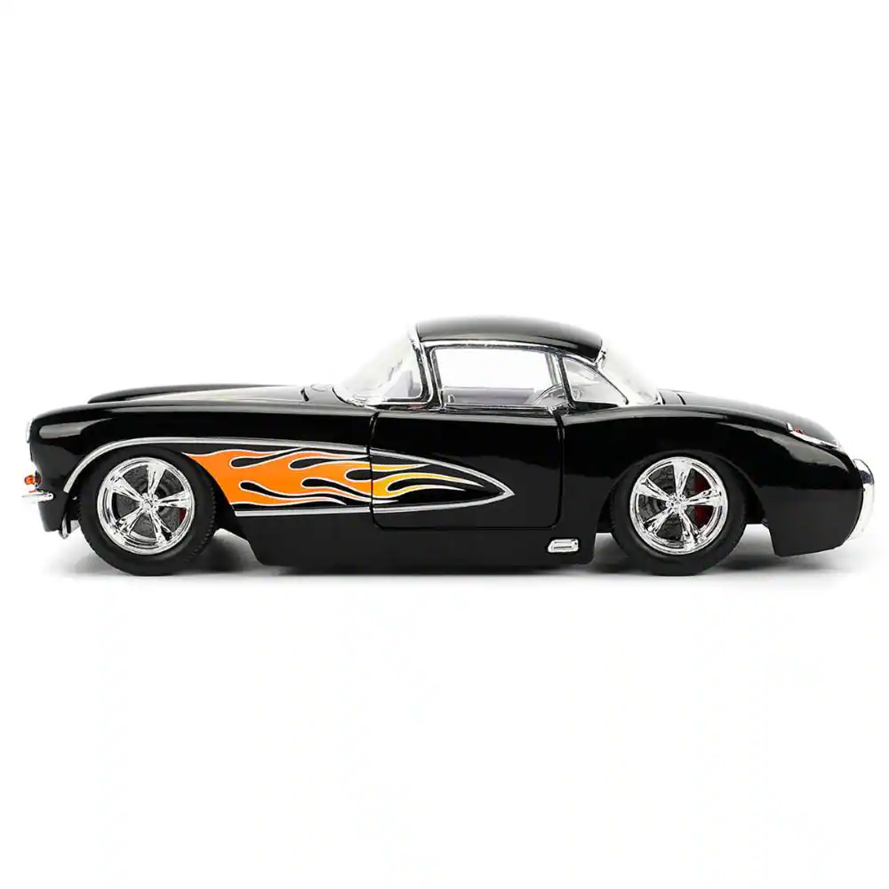 Left. Jada - 1957 Chevrolet Corvette Black with Flame Graphics and White Interior "Bigtime Muscle" Series 1/24 - Black and White.