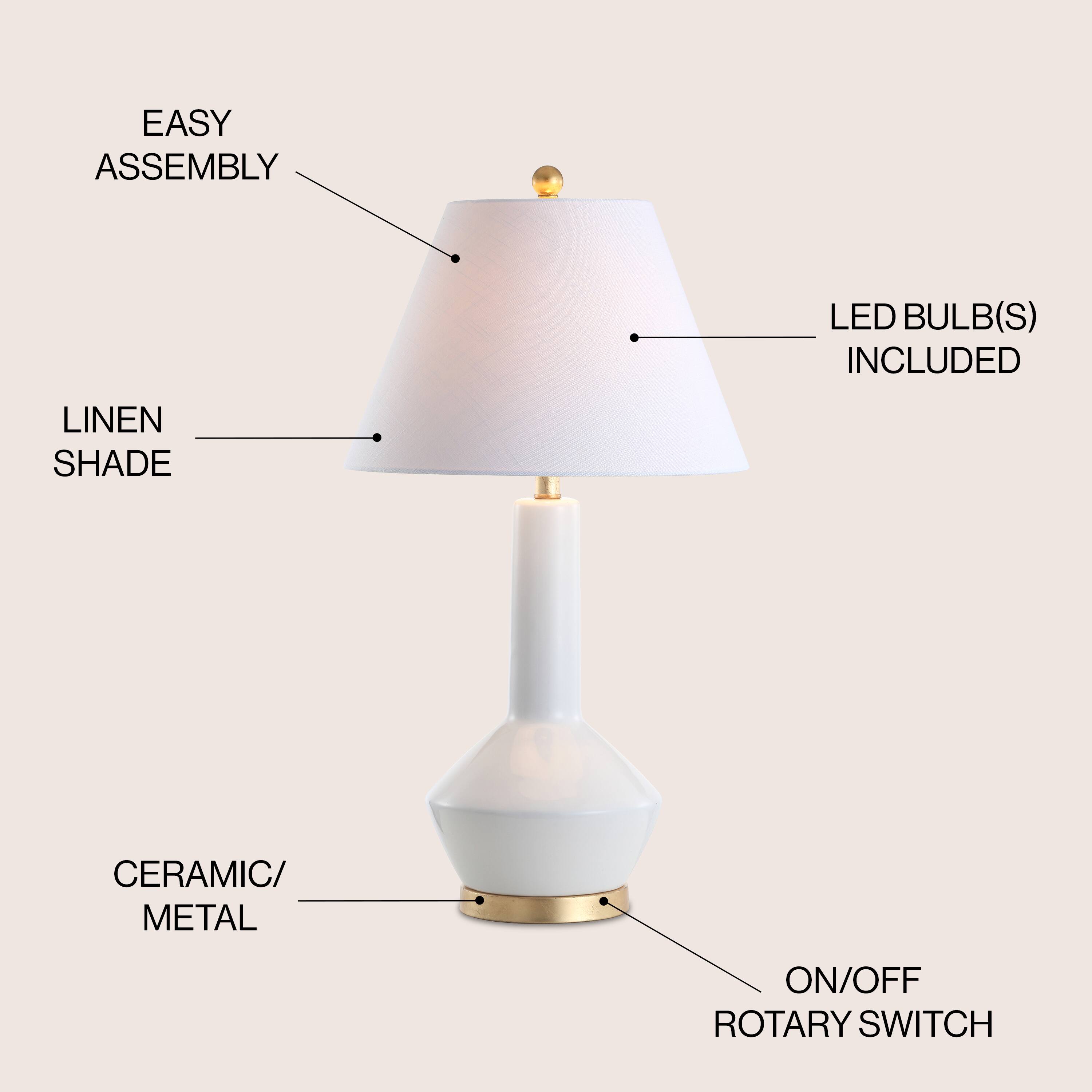 EASY ASSEMBLY  
LED BULB(S) INCLUDED  
LINEN SHADE  
CERAMIC/METAL  
ON/OFF ROTARY SWITCH