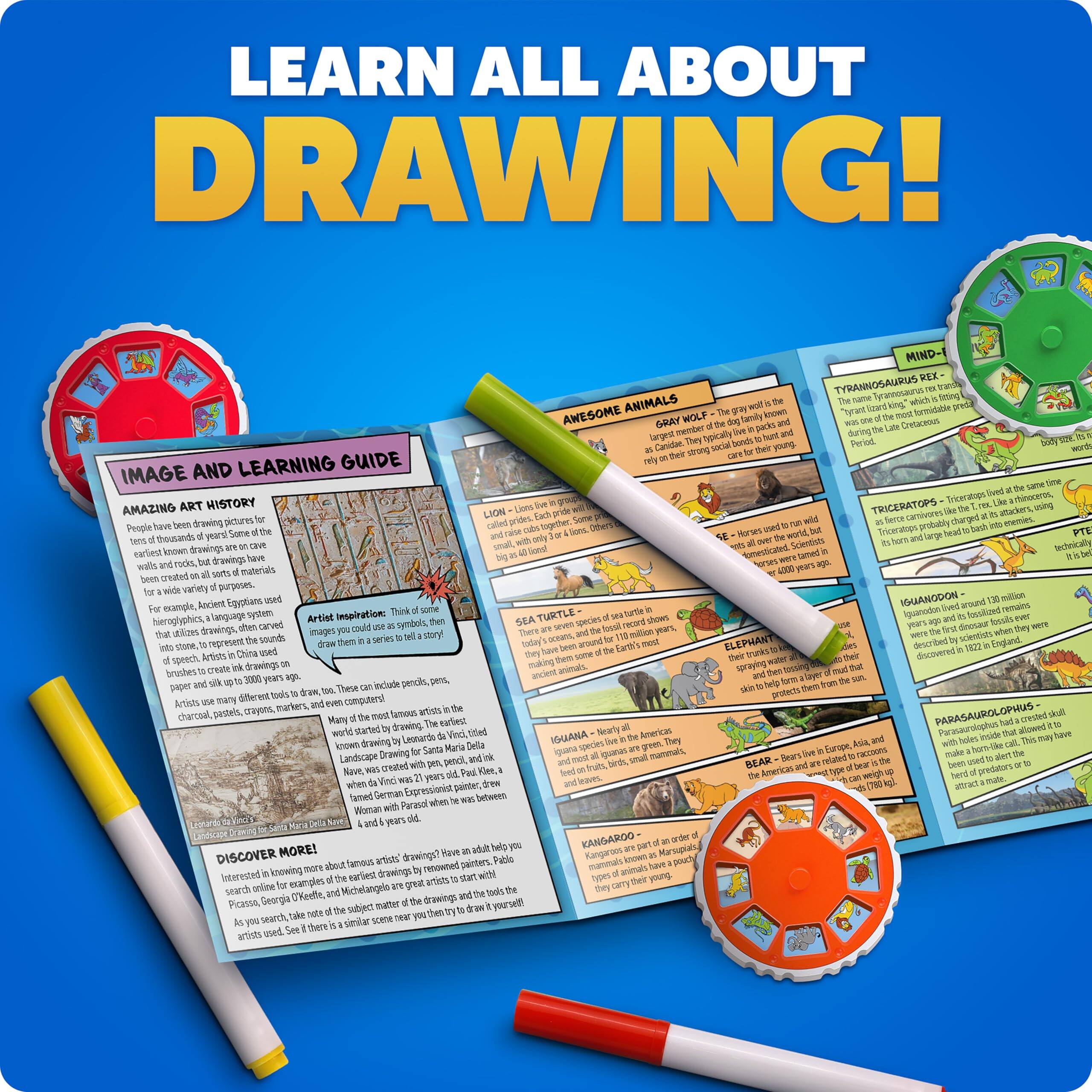 Sure, here is the corrected and grouped text from the image:

---

**LEARN ALL ABOUT DRAWING!**

**IMAGE AND LEARNING GUIDE**

**AMAZING ART HISTORY**

People have been drawing pictures for tens of thousands of years. Some of the earliest known drawings were found in caves and on rocks. These drawings were made with charcoal, ochre, and other natural materials. They were used for a variety of purposes, such as telling stories, recording events, and expressing ideas.

For example, Ancient Egyptians used hieroglyphics, which are symbols that represent sounds and words. They carved them into stone and used them to write stories and record history. In China, people used brushes and ink on paper and silk to create art. Artists in Europe used different tools to draw, too. These can include pencils, pens, markers, and crayons.

Many artists started by drawing. The artist Leonardo da Vinci was a master of drawing. He drew landscapes, portraits, and even machines. He was a true Renaissance man. He was also a scientist and inventor. He drew many animals and plants, too.

**AWESOME ANIMALS**

**GRAY WOLF** - The gray wolf is the largest member of the wolf family. It is found in many