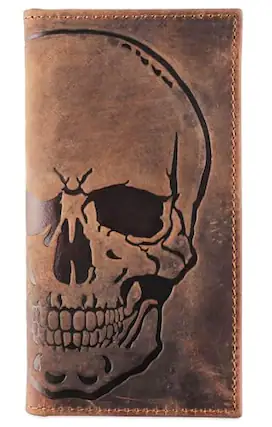 Front. Vulpecula Spade - Men's RFID Vintage Look Genuine Leather Long Bifold Wallet Checkbook Wallets,buffalo wax leather,classic brown - classic brown with skull embossment.