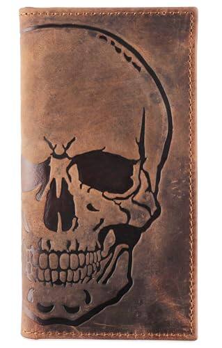Front. Vulpecula Spade - Men's RFID Vintage Look Genuine Leather Long Bifold Wallet Checkbook Wallets,buffalo wax leather,classic brown - classic brown with skull embossment.