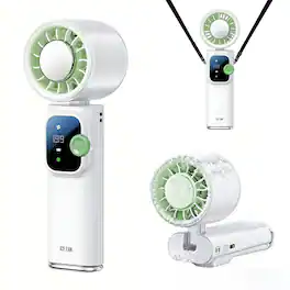 PRIMEPLUS - Portable Ice Cooling Fan, 20000RPM 199-Speed Rechargeable Neck Fan, 4000mAh 15H LED Display for Travel Outdoor - White-Green