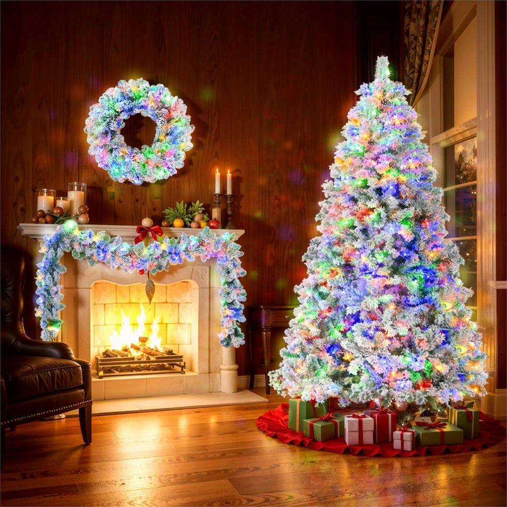 Front. Resenkos - 6ft Pre-Lit Snow Flocked Christmas Tree Bundle with Wreath, Features Pine Cones and Colorful LEDs, White and Green - Green.
