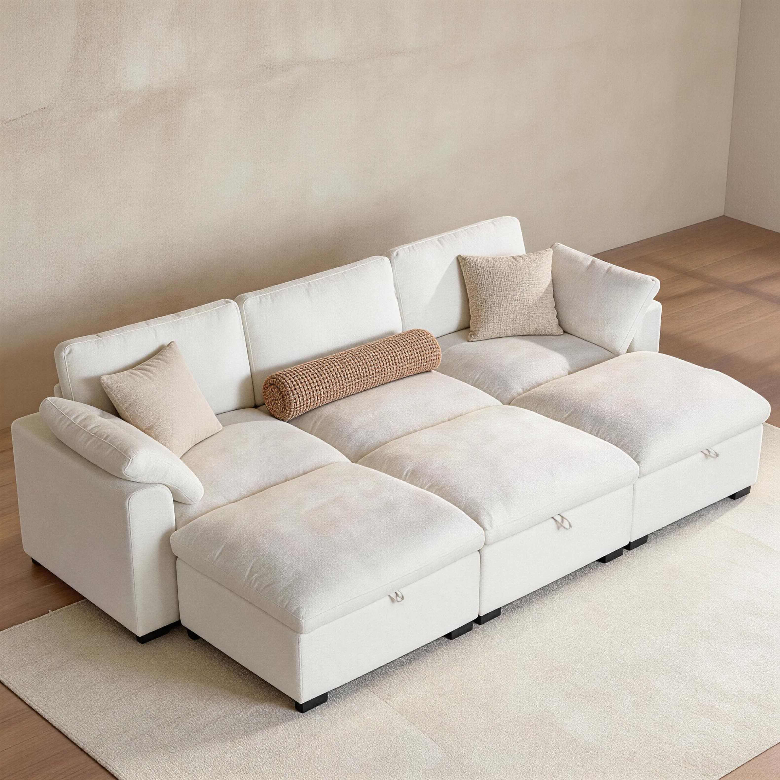 Dyonery - 120" Modular Sectional Sofa, 6 Seat Sleeper Bed with Storage Ottoman , Solid Wood Frame,Tool Free, Beige - Linen Beige