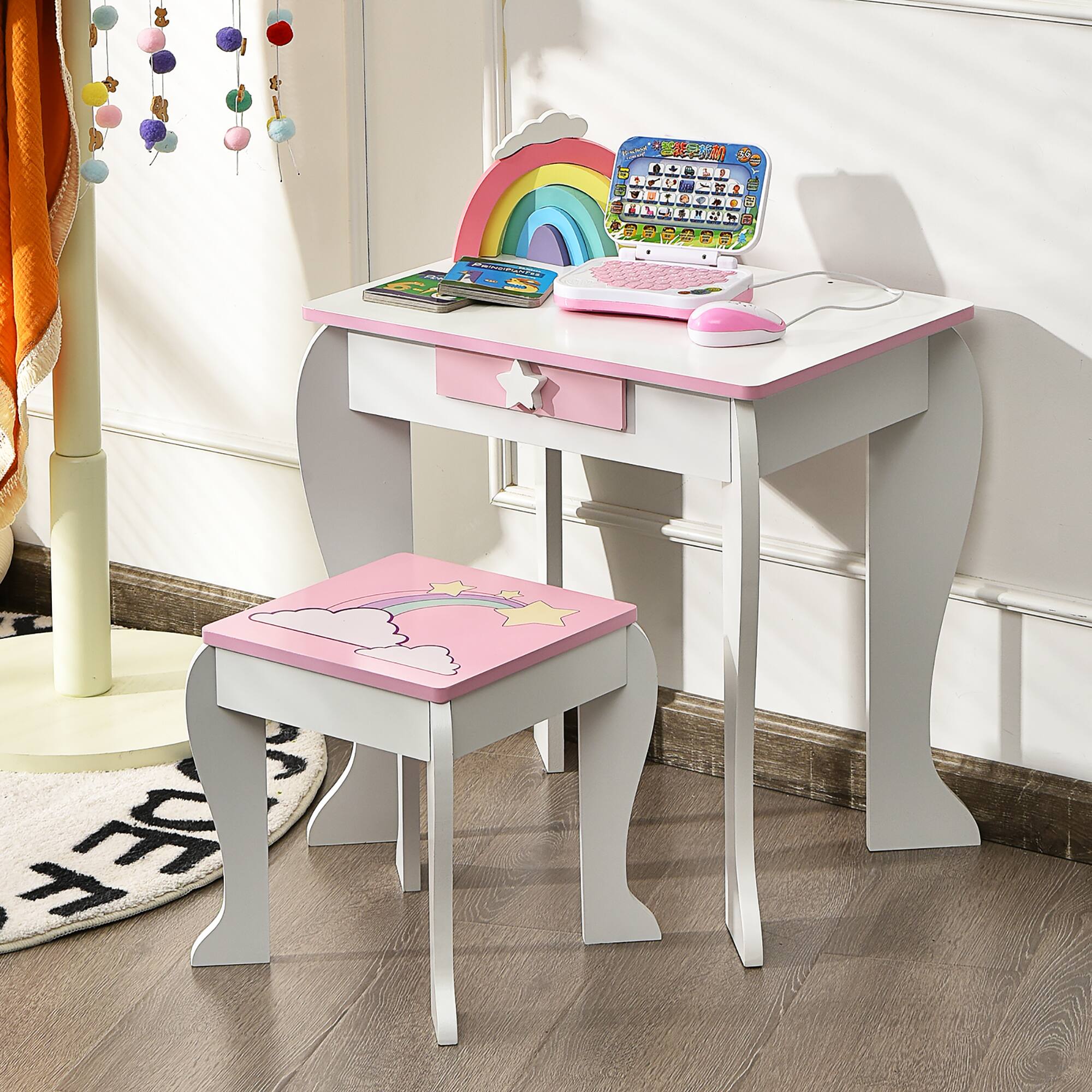 Alt View 4. Costway - Costway Kids Vanity Makeup Dressing Table Chair Set Wooden W/ Mirror Drawer - White.