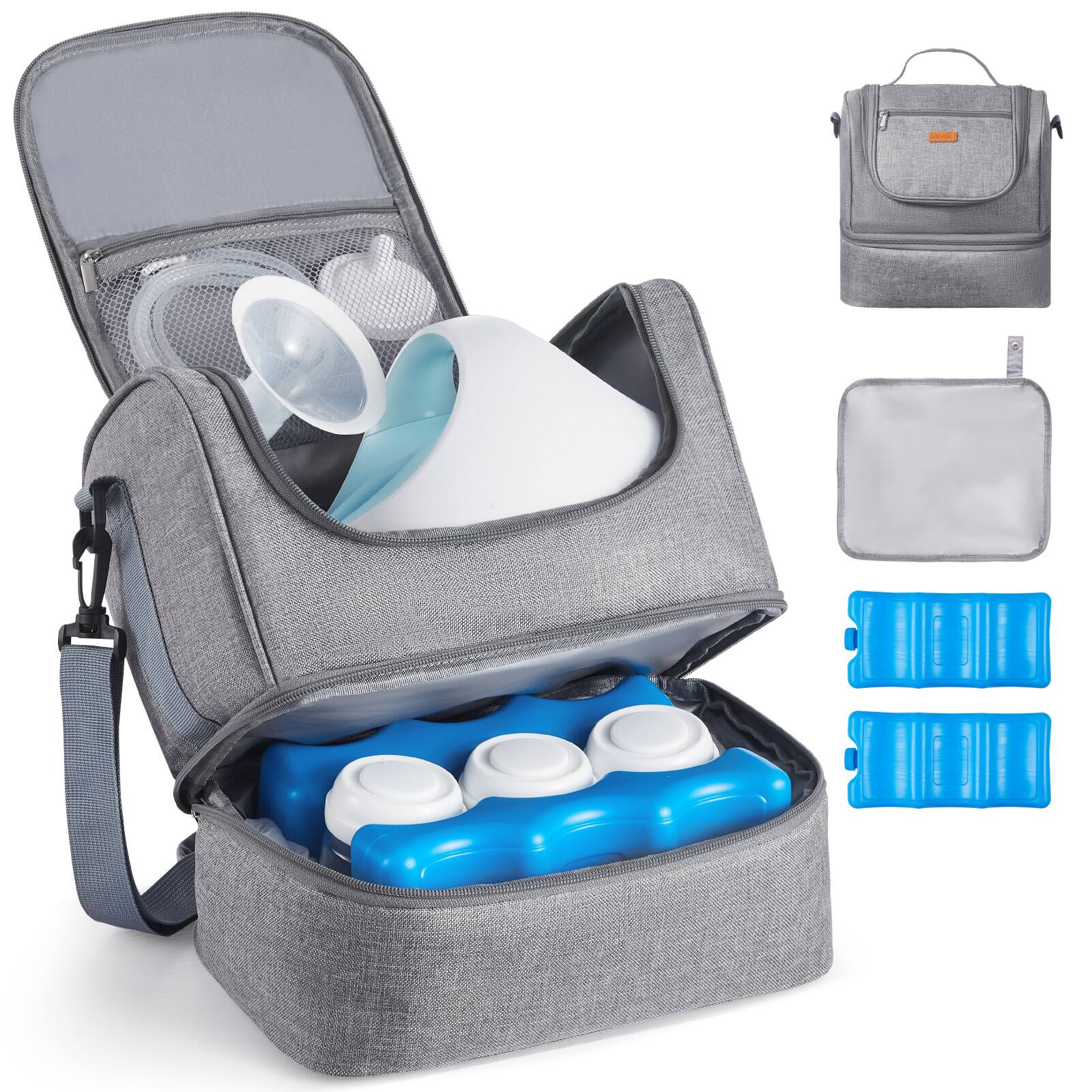 VEVOR - Breast Pump Bag, Breast Feeding Bag with Ice Pack, Fits for S1/S2, Pumping Accessories & Breastmilk Storage - Light Gray