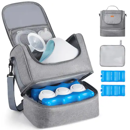 Front. VEVOR - Breast Pump Bag, Breast Feeding Bag with Ice Pack, Fits for S1/S2, Pumping Accessories & Breastmilk Storage - Light grey.