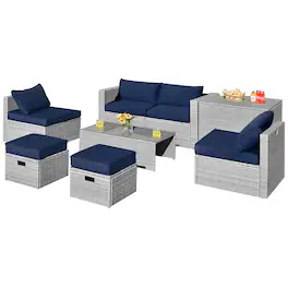 Costway - 8PCS Patio Rattan Furniture Set Storage Waterproof Cover Cushion - Gray,Navy