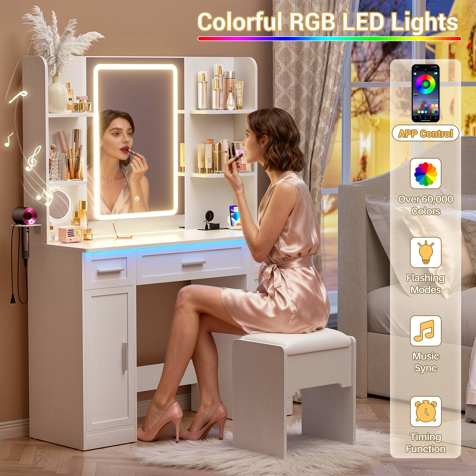 Colorful RGB LED Lights

- APP Control
- Over 60,000 Colors
- Flashing Modes
- Music Sync
- Timing Function