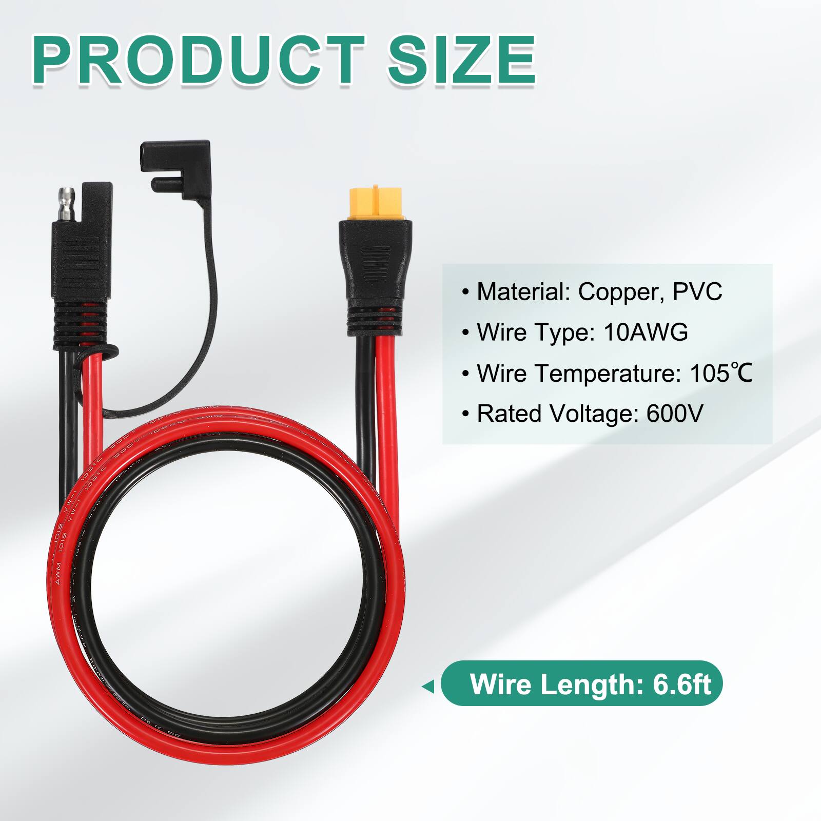 PRODUCT SIZE

- Material: Copper, PVC
- Wire Type: 10AWG
- Wire Temperature: 105°C
- Rated Voltage: 600V
- Wire Length: 6.6ft