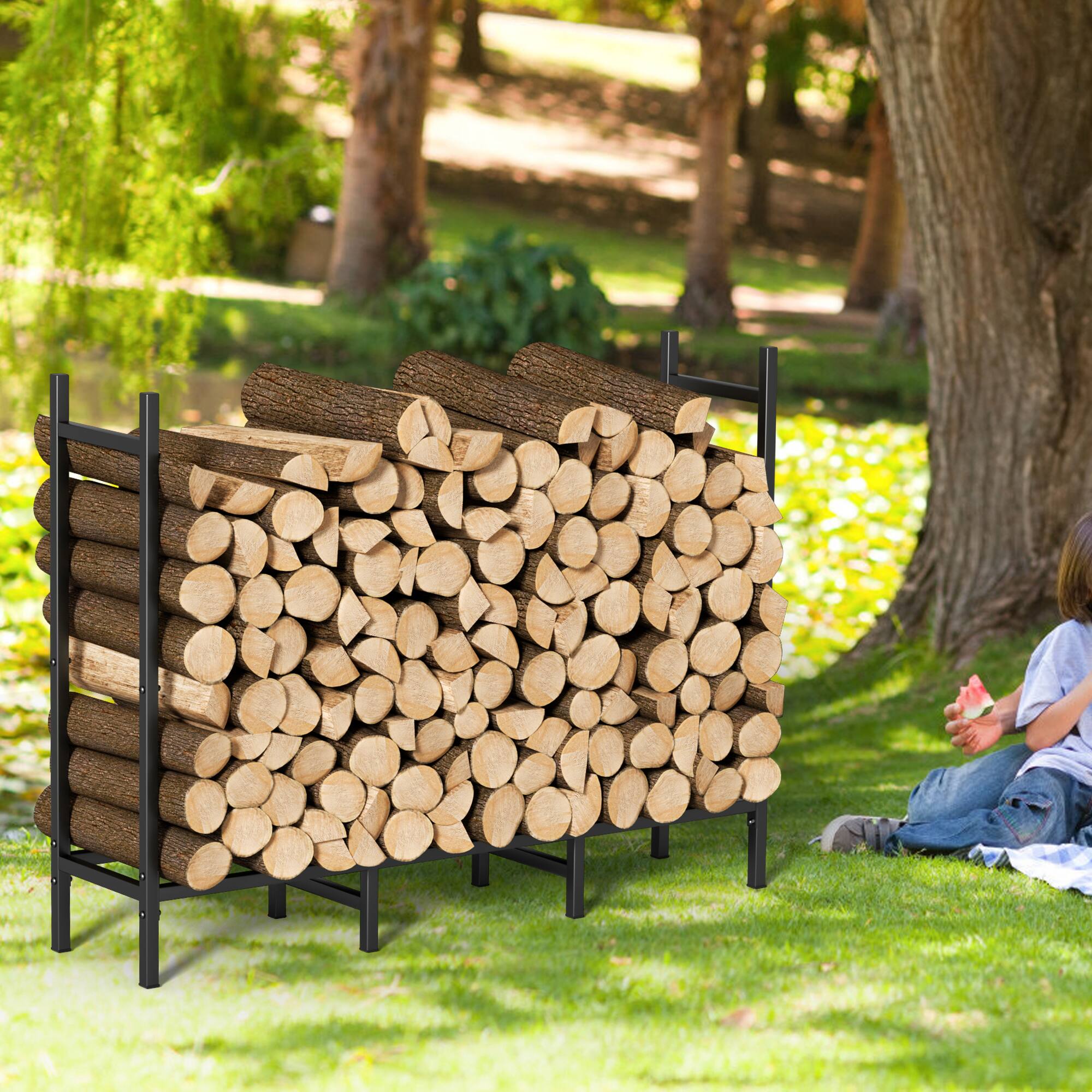 Alt View 2. Oumilen - 4ft Heavy Duty Firewood Rack with 8 Support Legs, Rustproof for Indoor/Outdoor Use - Black.