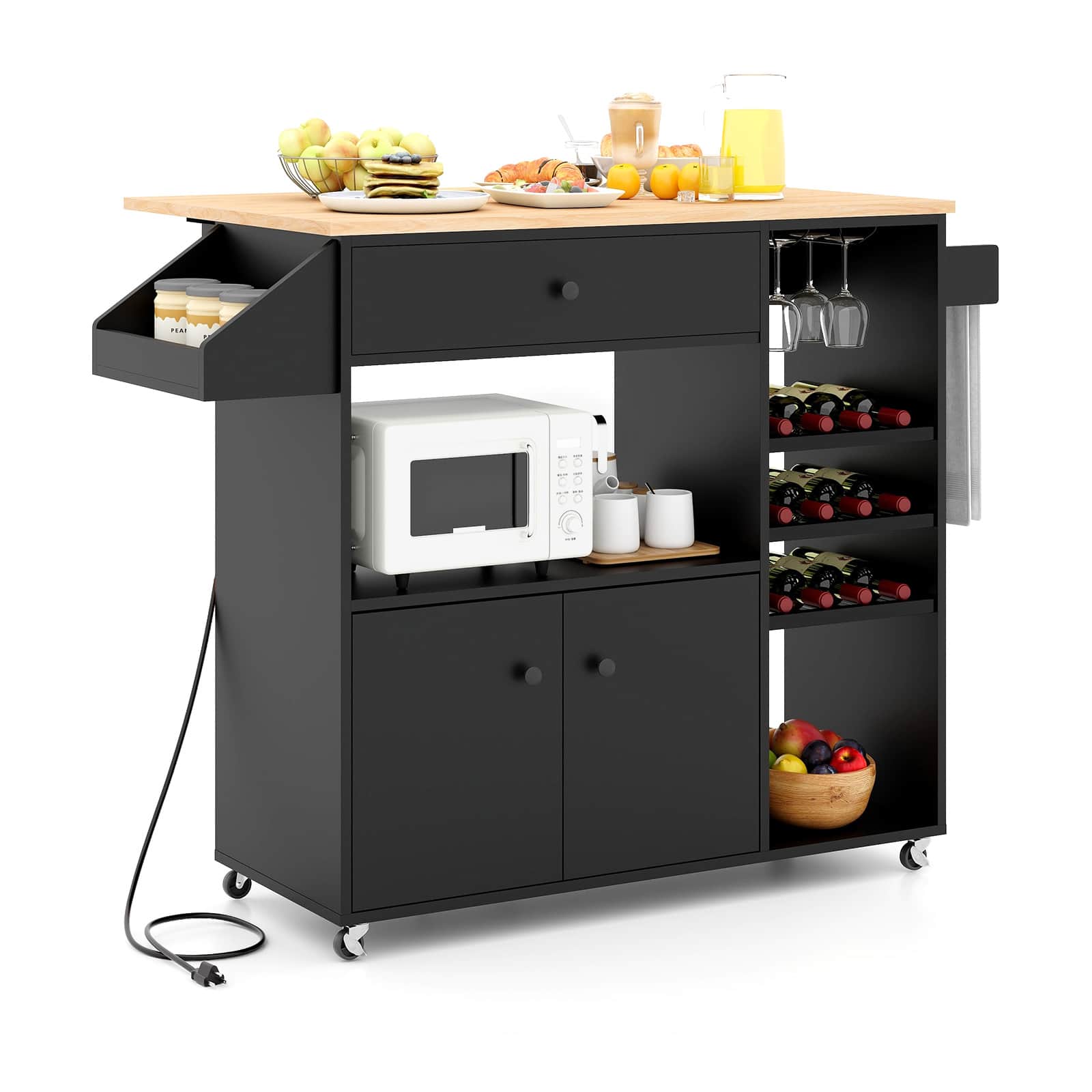 Ecooso - Drop Leaf Kitchen Island Cart with Power Outlet, Adjustable Shelf for Dining or Kitchen - Black
