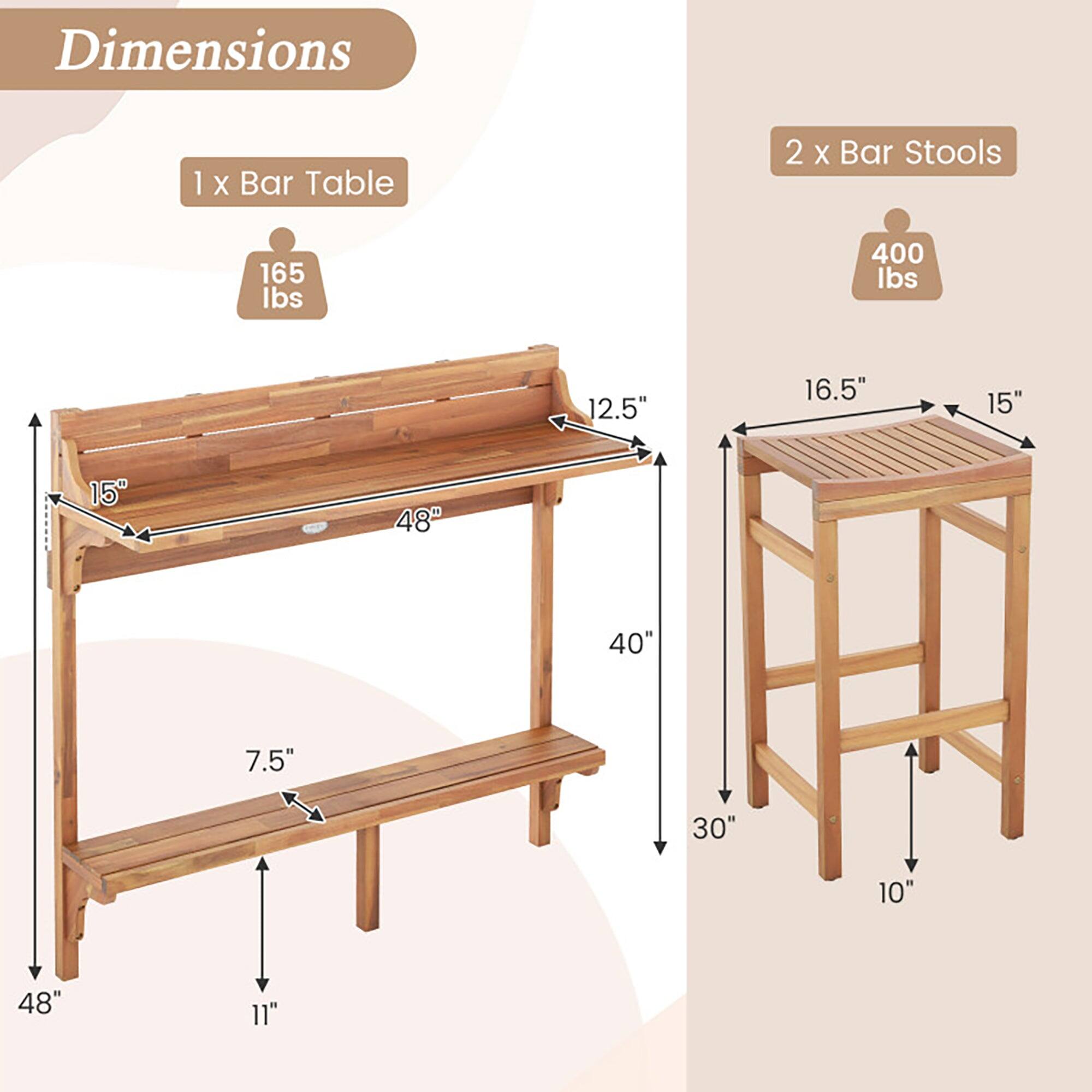Dimensions  
1 x Bar Table  
2 x Bar Stools  
165 lbs  
400 lbs  
12.5"  
16.5"  
15"  
15"  
48"  
40"  
7.5"  
30"  
10"  
48"  
11"
