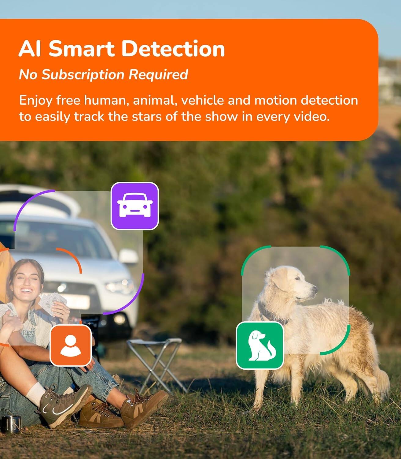 AI Smart Detection  
No Subscription Required  

Enjoy free human, animal, vehicle and motion detection to easily track the stars of the show in every video.