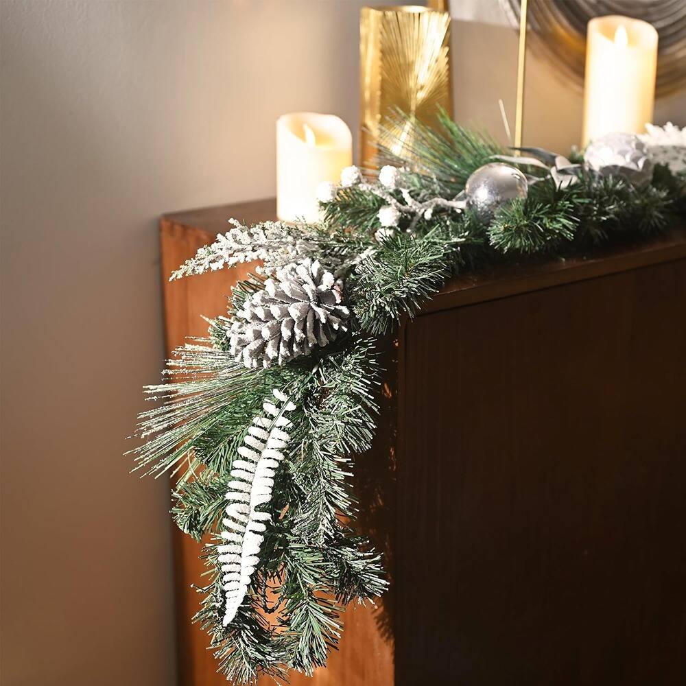 Back. RTMB - 9 ft Pre-Lit Christmas Garland with Lights, Greenery w/ White Balls & Pinecones - Silver/White.