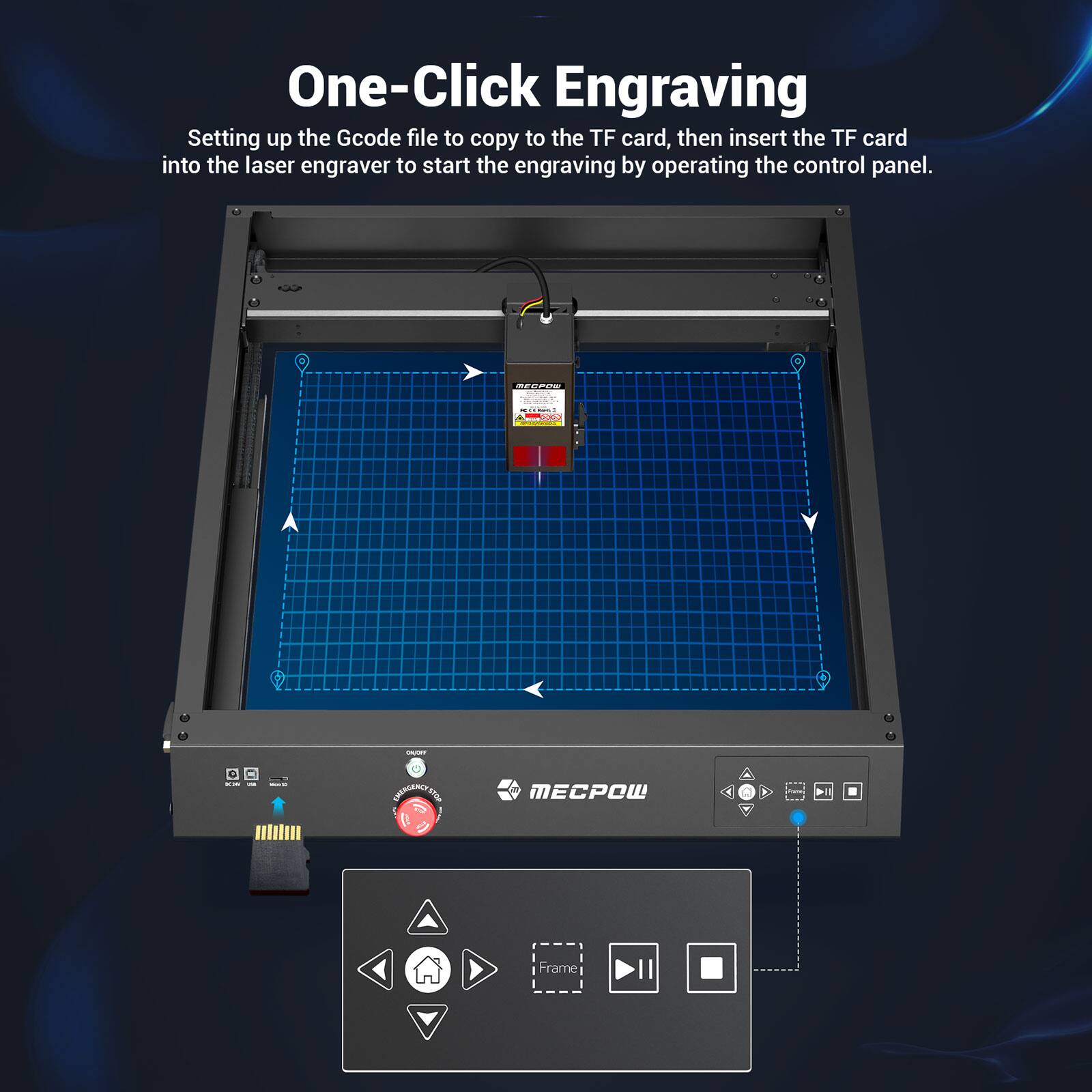 One-Click Engraving: Setting up the Gcode file to copy to the TF card, then insert the TF card into the laser engraver to start the engraving by operating the control panel.