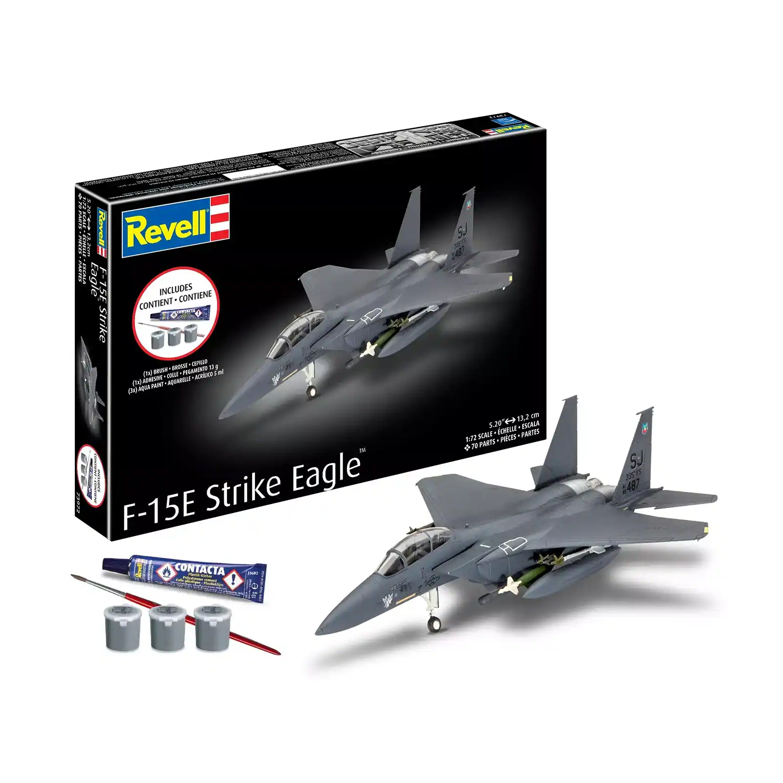Revell  
PARTS FREES PARTES ITAIA  
13.2cm Revell2 Revell Eagle F-15E CONTIENT INCLUDES CONTIENE Strike BROSSE CEPALLO 10g (by) BRUSH COLLY PEGAMENTO ACRIUCO ml (4) ADNISINE FAINT AQUARELLE (4g) AUPA  
Strike Eagle F-15E CONTACTA Plach-Drter BBQ Madellya ! 13g  
13,2 on 5.20 (-) ESCALA SCALE CHELLE PARTES 1:72 TOPARTS PIECES  
335 FS %487
