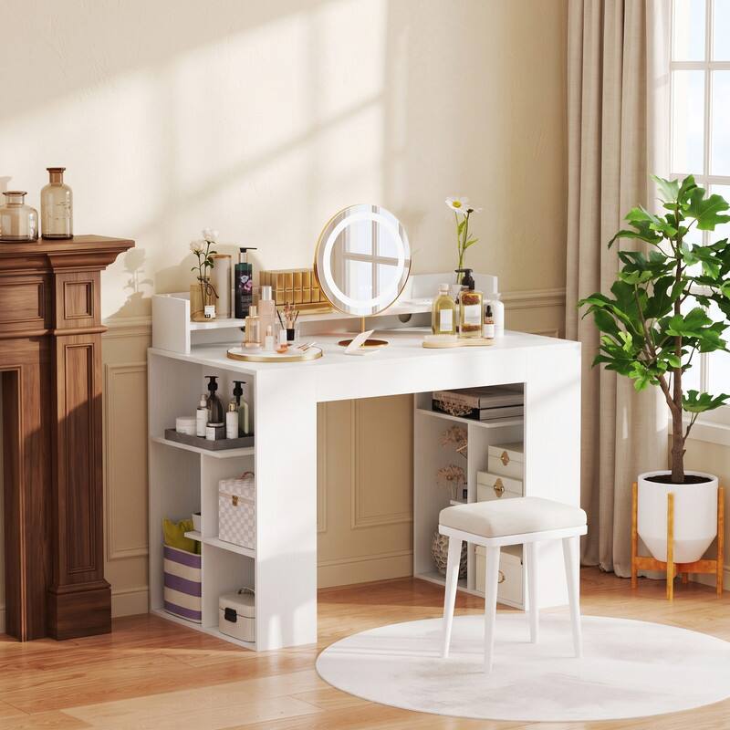 Angle. WELLFOR - 43" Modern Computer Desk with Power Outlets and 2 Bookcases, Office Office Desk with Monitor Stand - White.