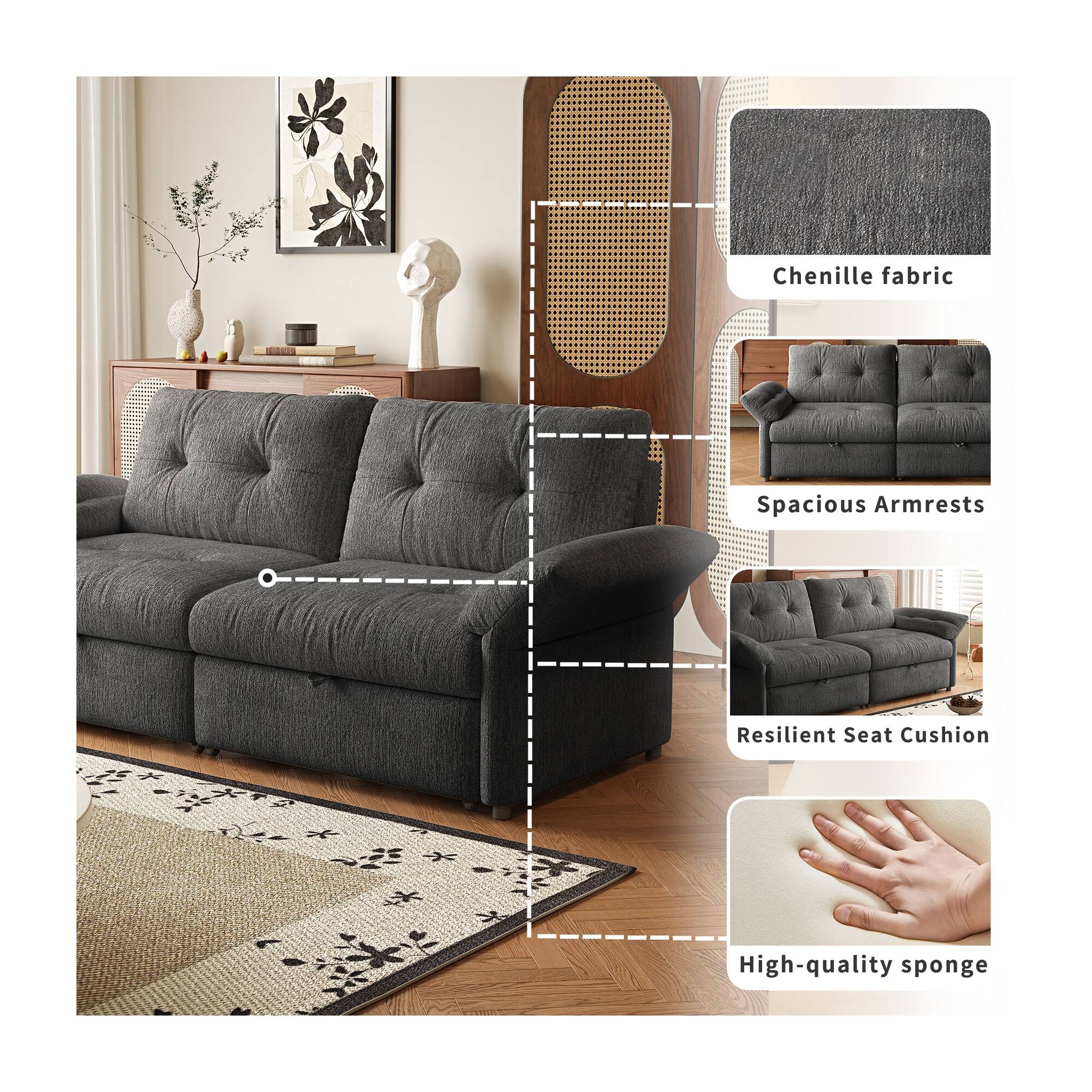 Chenille fabric  
Spacious Armrests  
Resilient Seat Cushion  
High-quality sponge