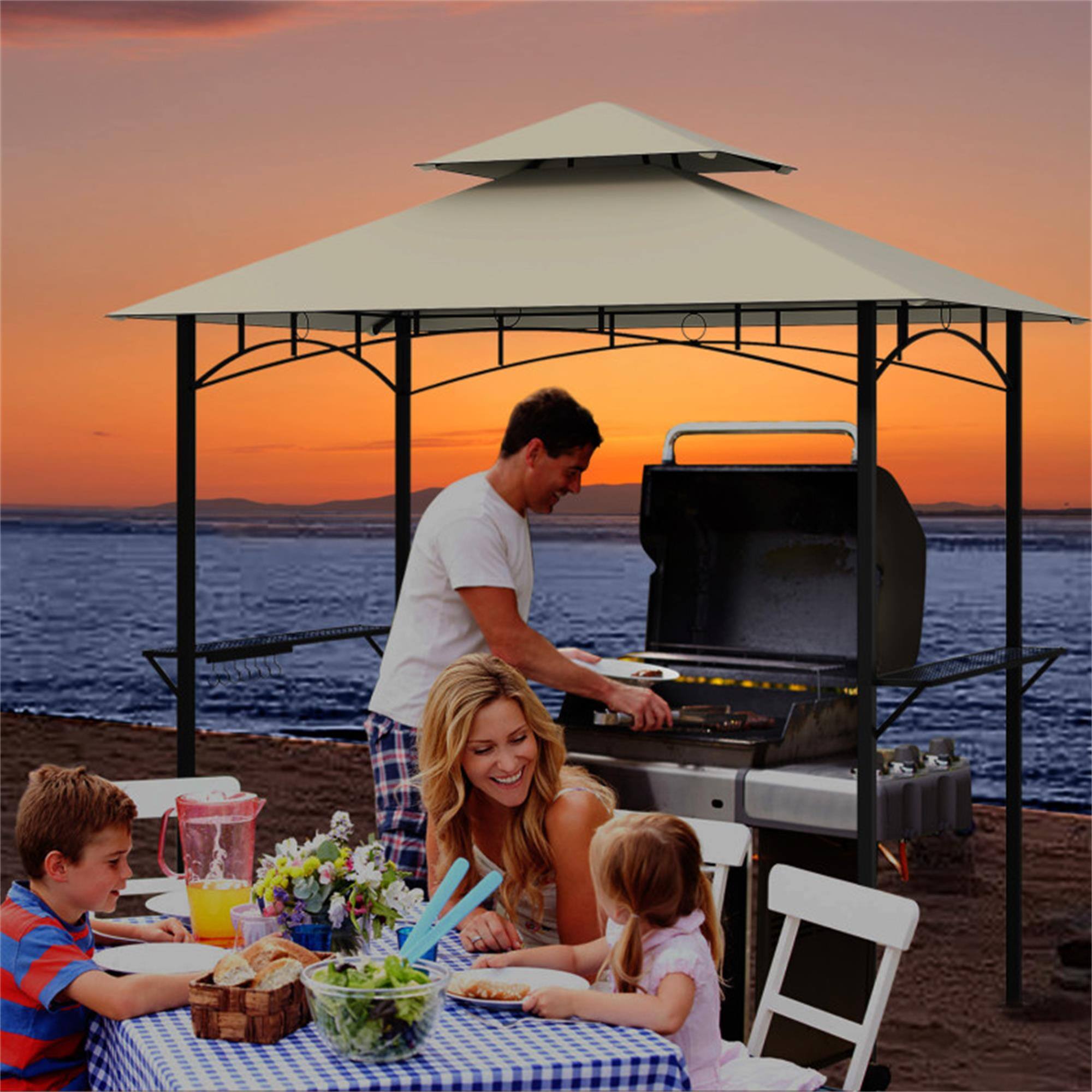 Alt View 2. Boyel Living - Beige 100.8-in L x 96-in W x 60-in H Outdoor Grill Gazebo with Side Shelves and Hanging Hooks Model BL-HYA2041BE.