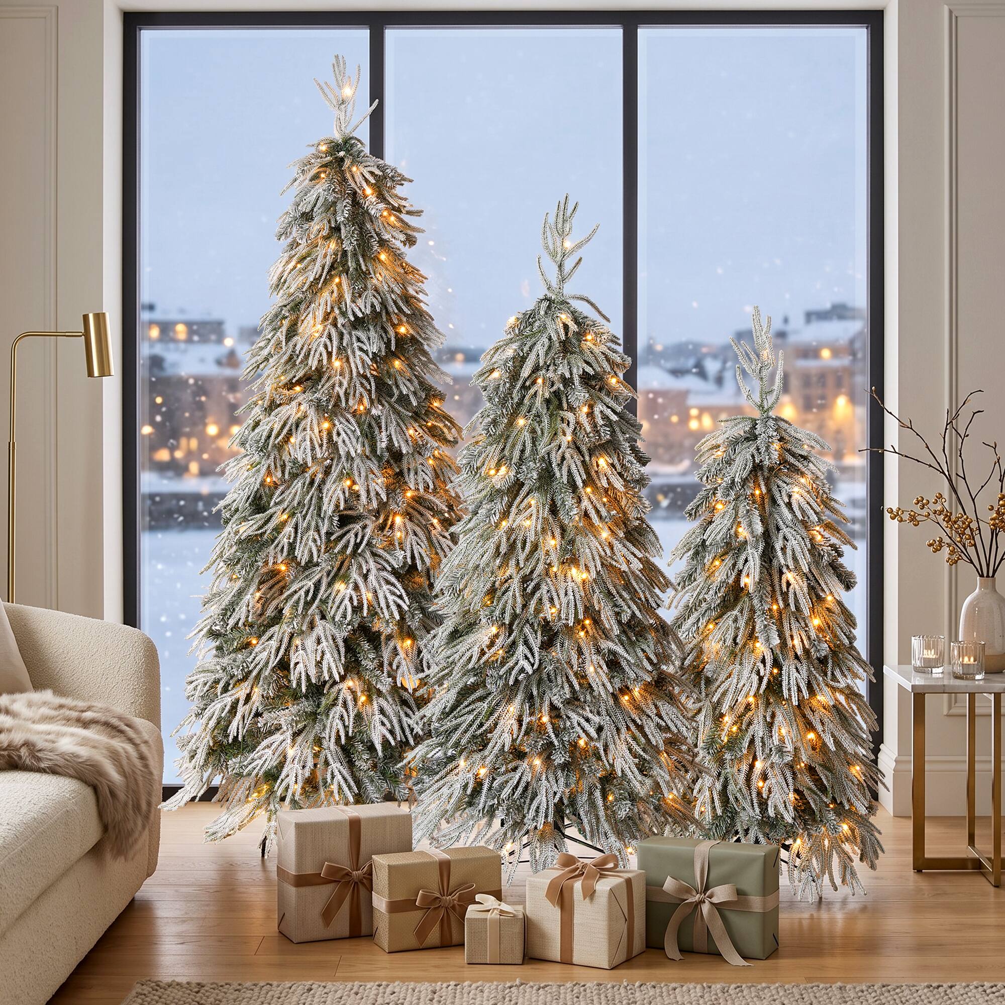 Angle. Jandcase - 3-Piece Set  Christmas Trees with Control Lighting, Flocked Weeping Branches, and Multi-Level Forest - Green.