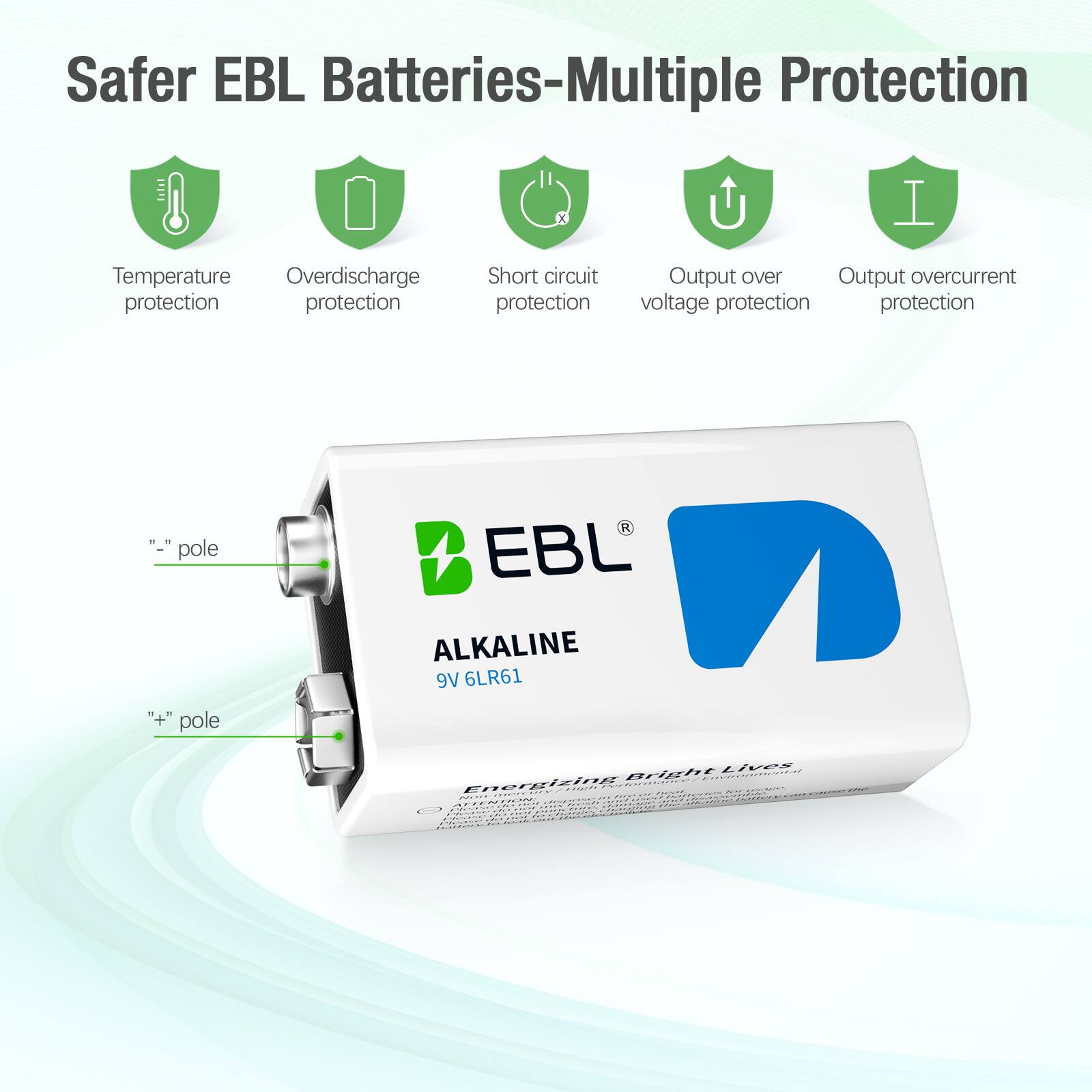 Safer EBL Batteries - Multiple Protection

- Temperature protection
- Overdischarge protection
- Short circuit protection
- Output over voltage protection
- Output overcurrent protection

EBL ALKALINE 9V 6LR61

"-" pole

"+" pole

Energizing Bright Lives