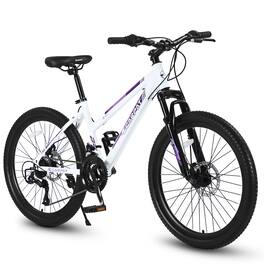 Anysun - 24 inch Mountain Bike for Teenagers Girls Women, 21 Speeds with Dual Disc Brakes and 100mm Front Suspension - White