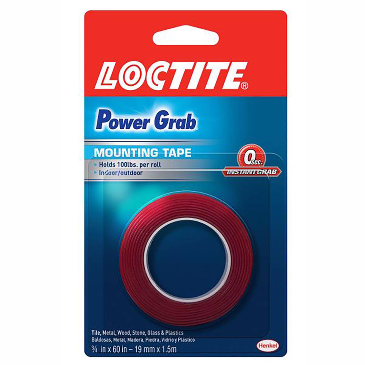 LOCTITE R Power Grab MOUNTING TAPE Holds 100lbs. per roll Indoor/outdoor Q. sec. INSTANT GRAB Tile, Metal, Wood, Stone, Glass & Plastics Baldosas, Metal, Madera, Piedra, Vidrio y Plástico 3/4 in x 60 in - 19 mm x 1.5m Henkel
