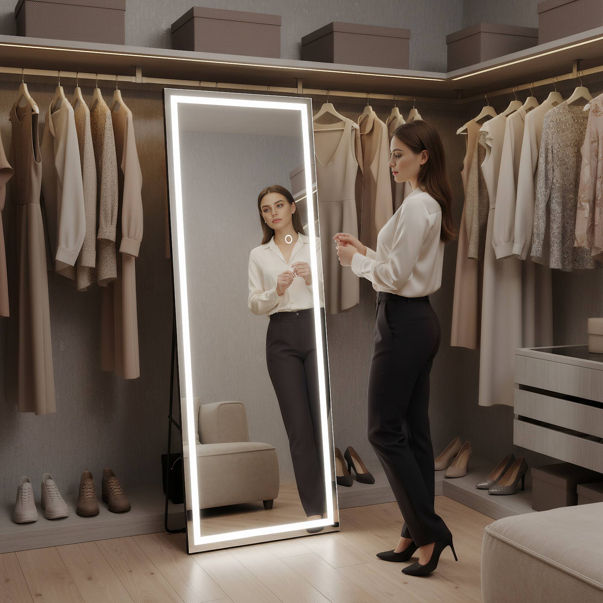 Left. Spaco - Spaco 71 x 28 Rectangle Frameless Full-Length Tempered Mirror with Adjustable 3-Color LED Light - Black.