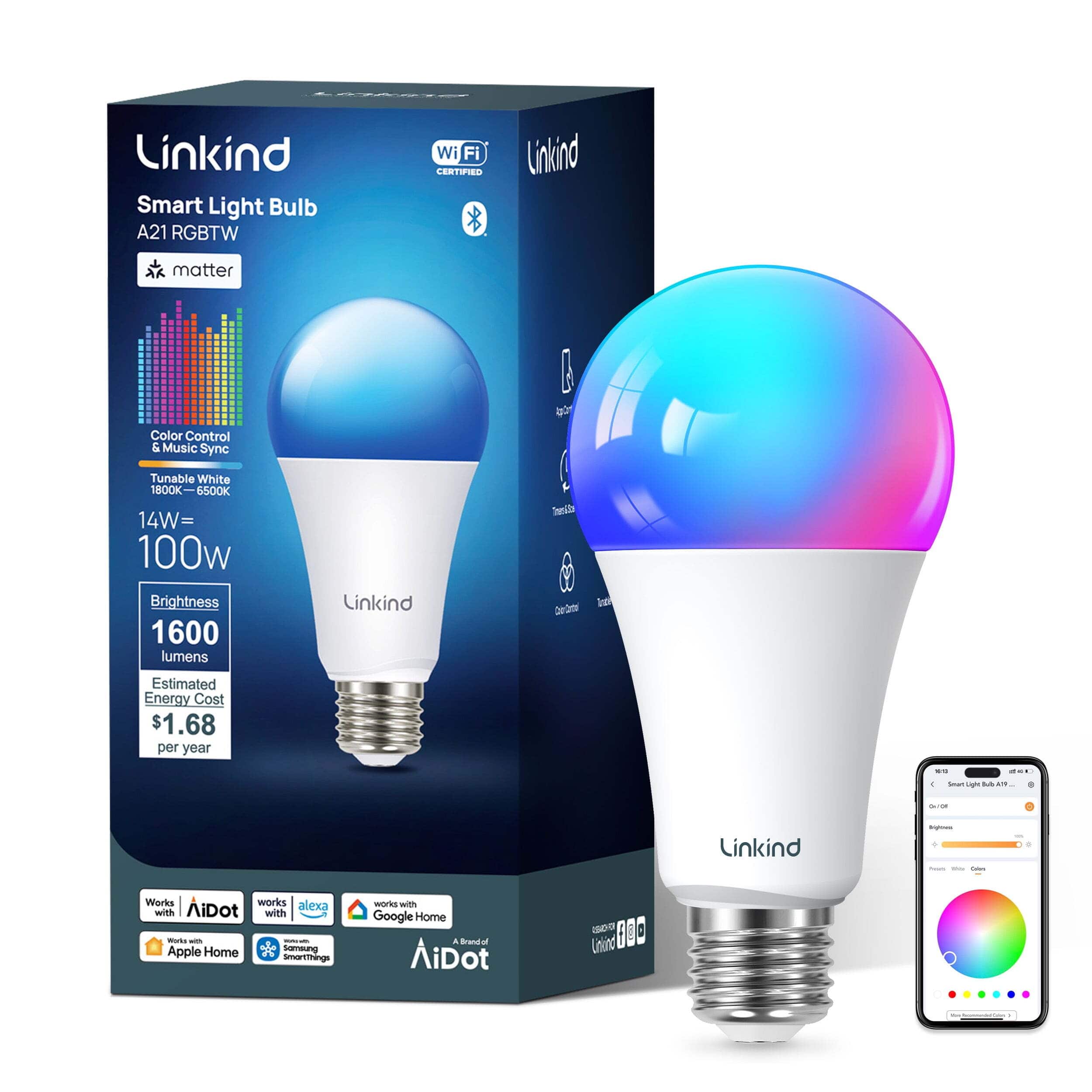 Linkind - A21 Smart LED Bulb, Matter Compatible, 1600lm Color Changing (1 Pack) - Multicolor