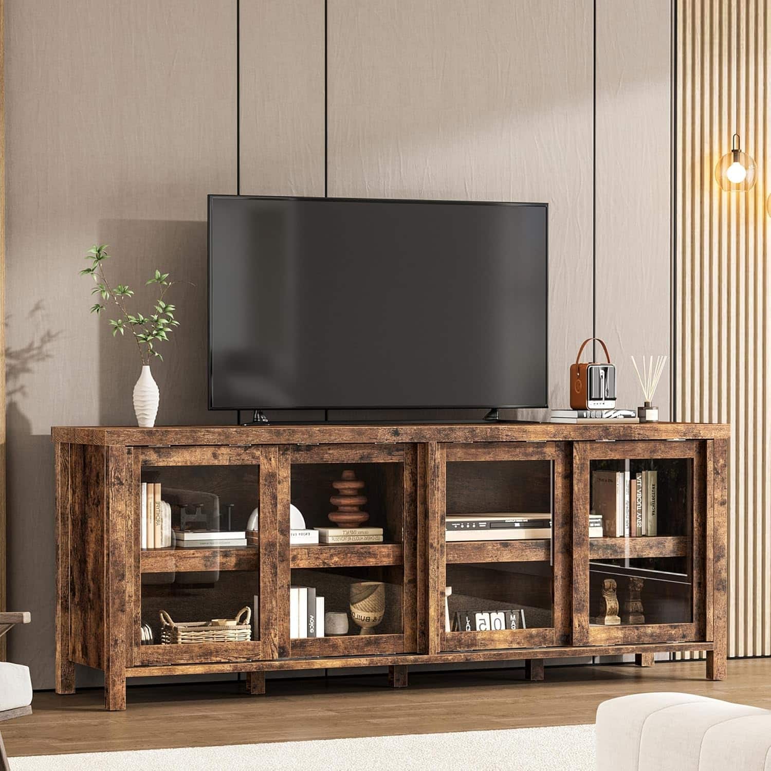 Babevy - TV Stand, Modern Entertainment Center with 4 Sliding Glass Doors, Media Console with Storage Cabinet for Living Room - Brown
