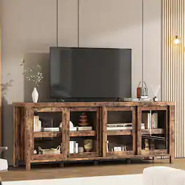 Babevy - TV Stand, Modern Entertainment Center with 4 Sliding Glass Doors, Media Console with Storage Cabinet for Living Room - Brown