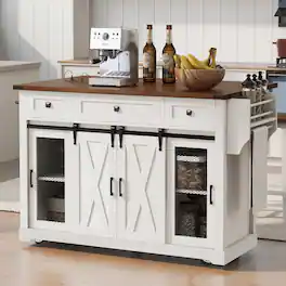 Loheer - 58 inch farmhouse kitchen island with drop leaf, rolling kitchen island with storage - White