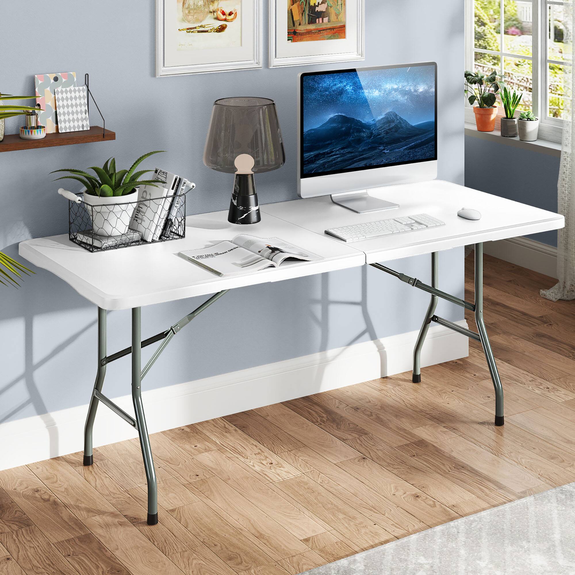 Alt View 1. Gymax - Gymax 6 ft Portable Folding Table w/HDPE Tabletop Safe Lock Mechanism Carrying Handle White - White.