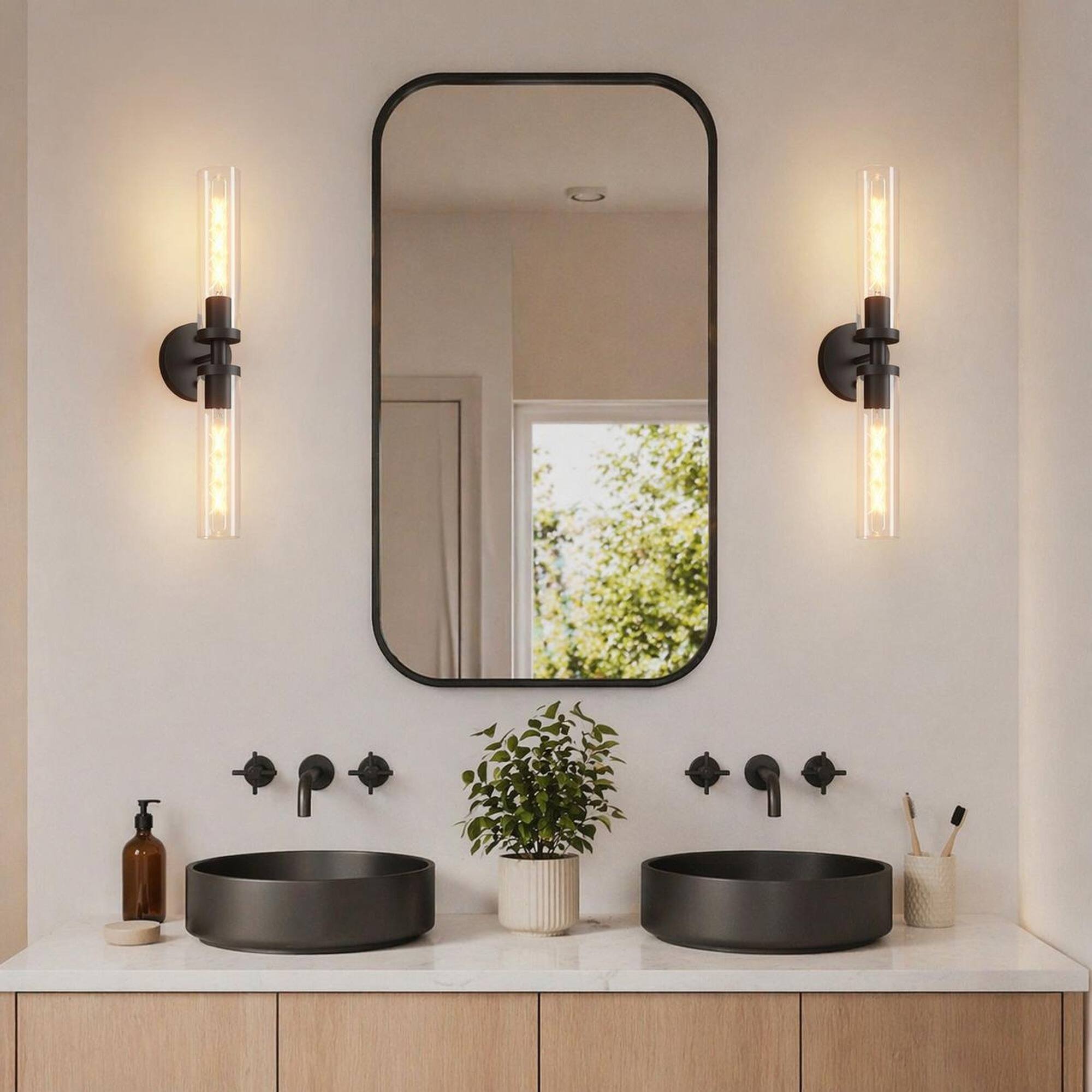 Angle. RYHNUYNE - Pair of Hardwired Matte Black Wall Sconces with Clear Glass Shades for Bathroom Vanity, Hallway, and Bedroom Lighting.