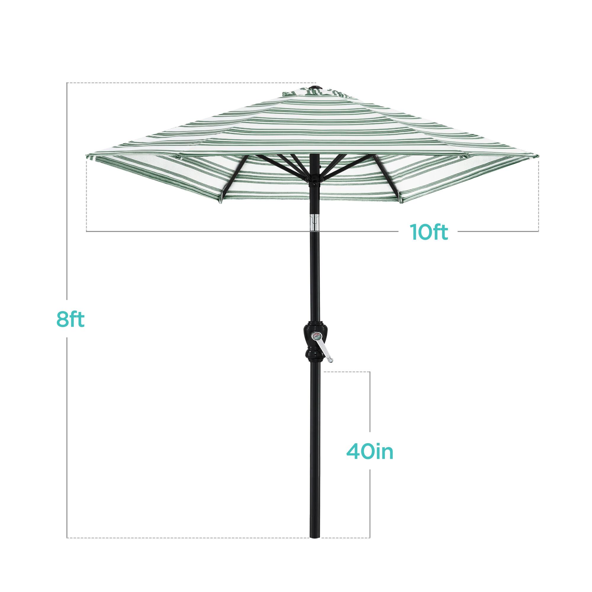 The dimensions of the umbrella are:

- Diameter: 10 feet
- Height: 8 feet
- Shaft Diameter: 40 inches