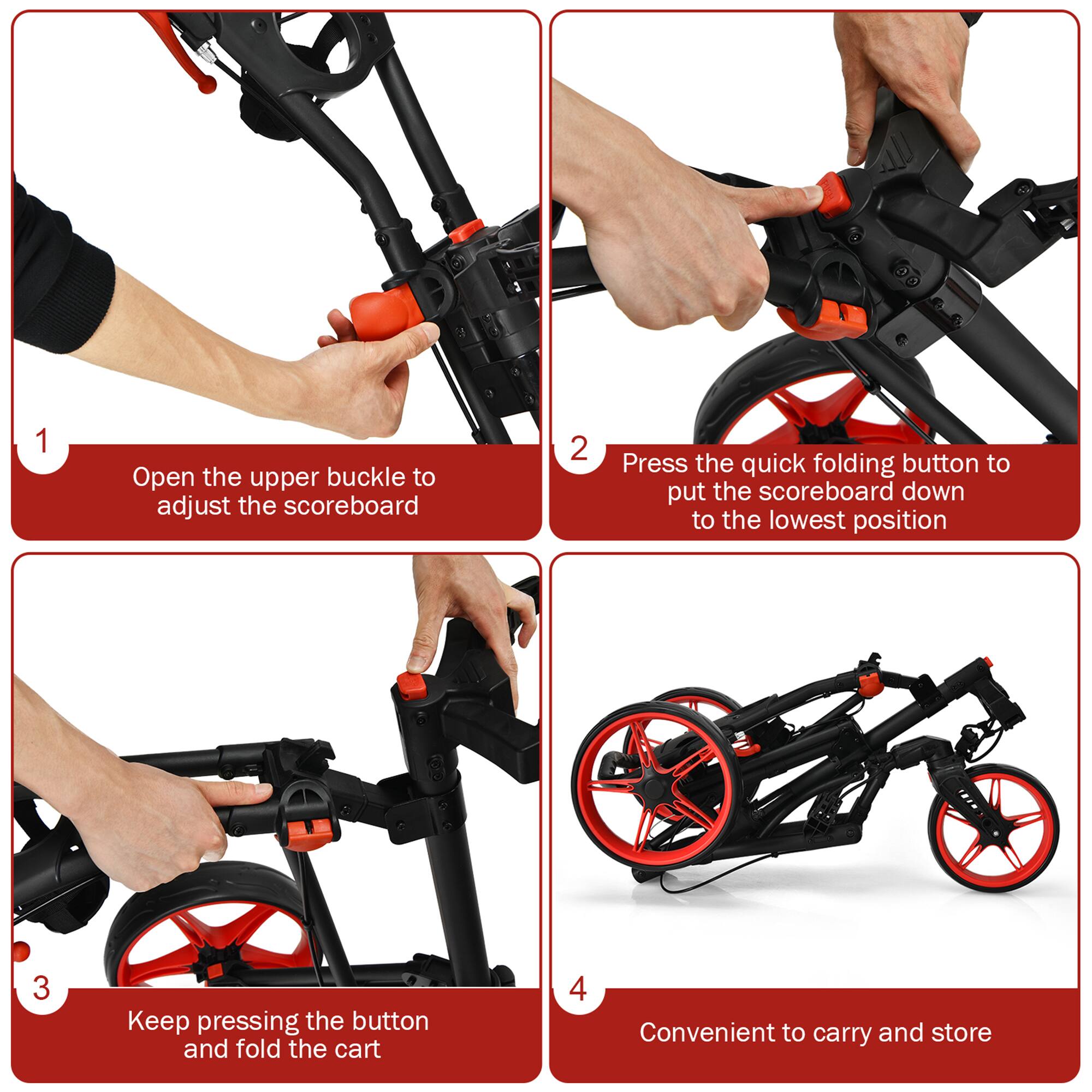 1. Open the upper buckle to adjust the scoreboard.
2. Press the quick folding button to put the scoreboard down to the lowest position.
3. Keep pressing the button and fold the cart.
4. Convenient to carry and store.