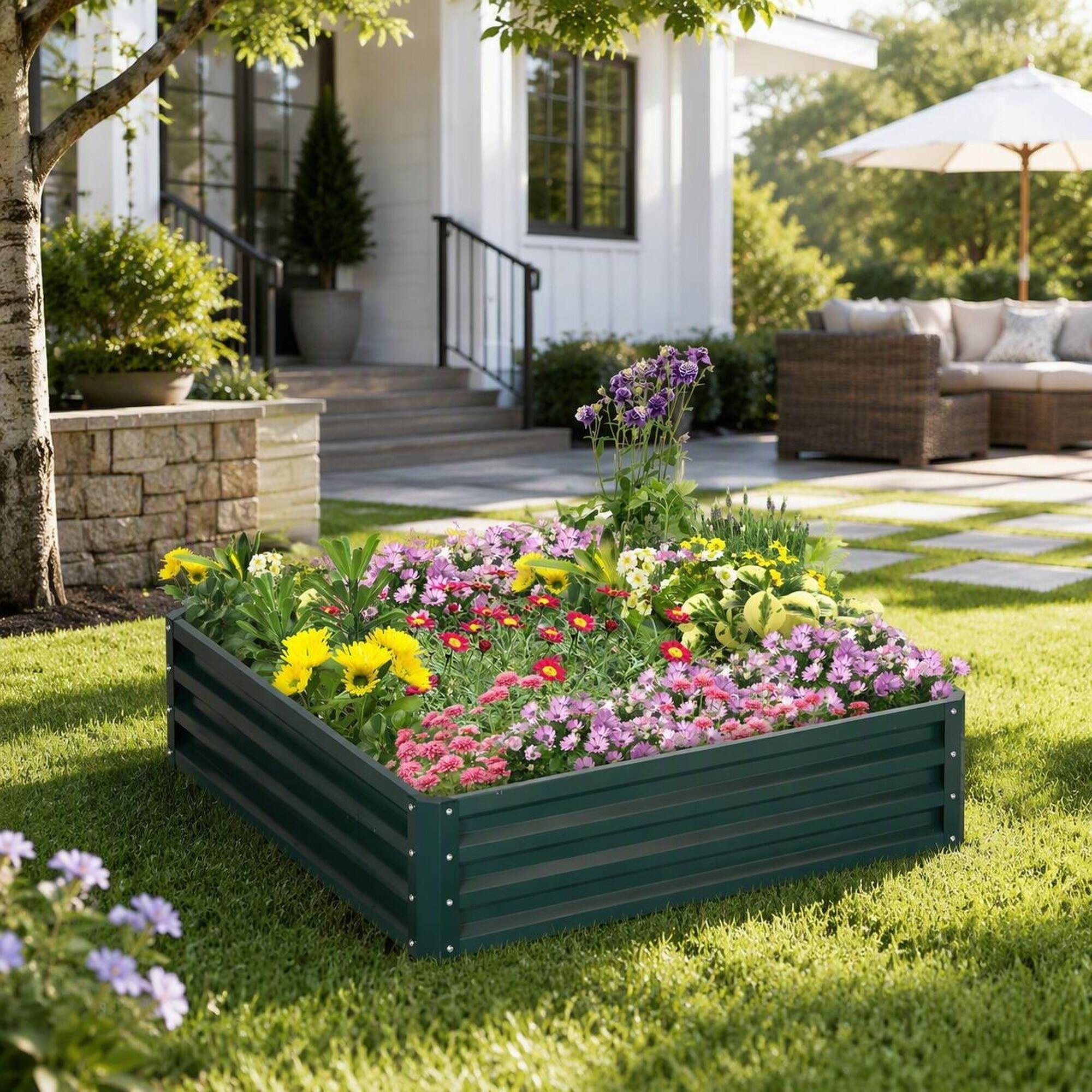 Left. RYHNUYNE - Outsunny Galvanized Steel Raised Garden Bed, 4x4x1 Foot Metal Planter Box for Vegetables, Flowers, Herbs - Green.