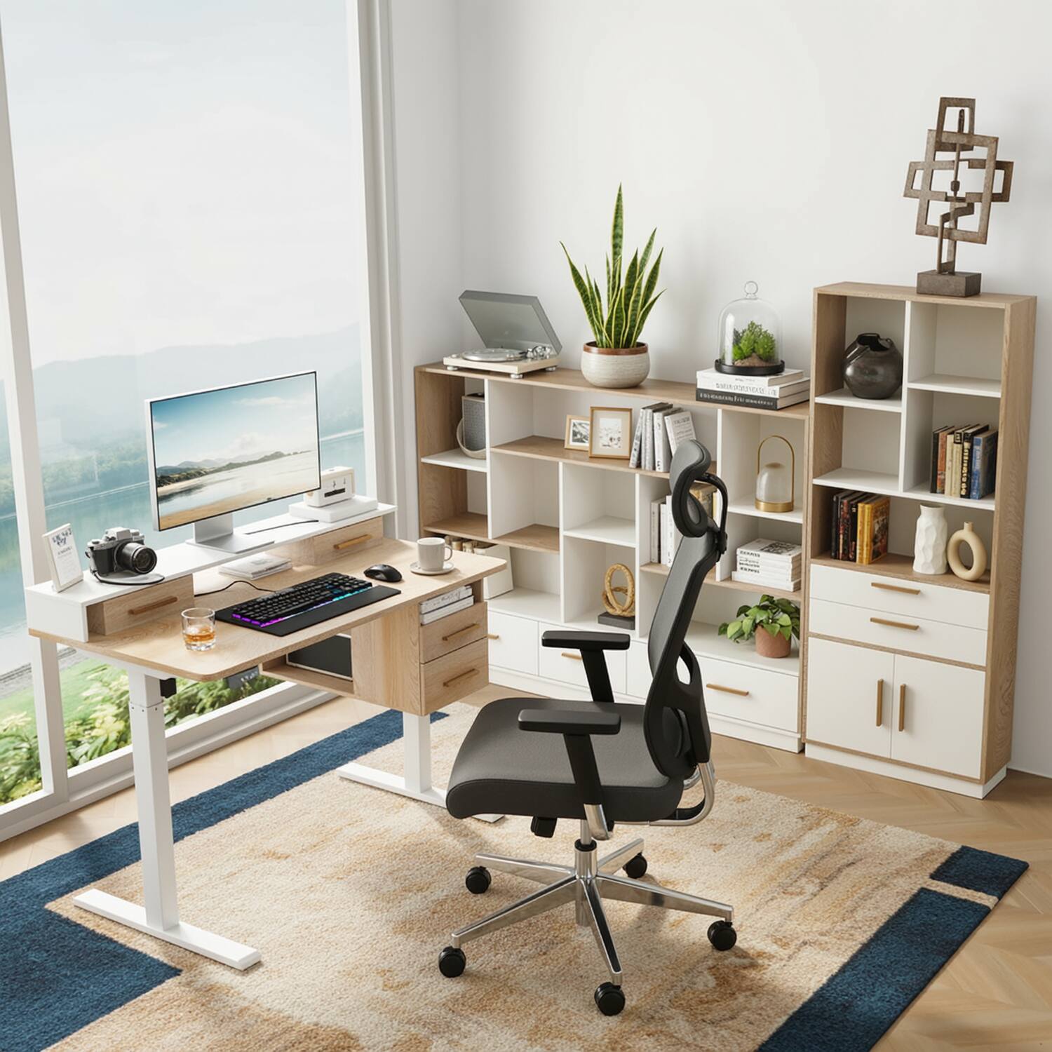 Front. ModernMate - Standing Desk with 2 Bookcase, 60" Wide Bookshelf and 59" Tall Bookcase Modern Floor Freestanding Storage Organizer - Light Walnut.