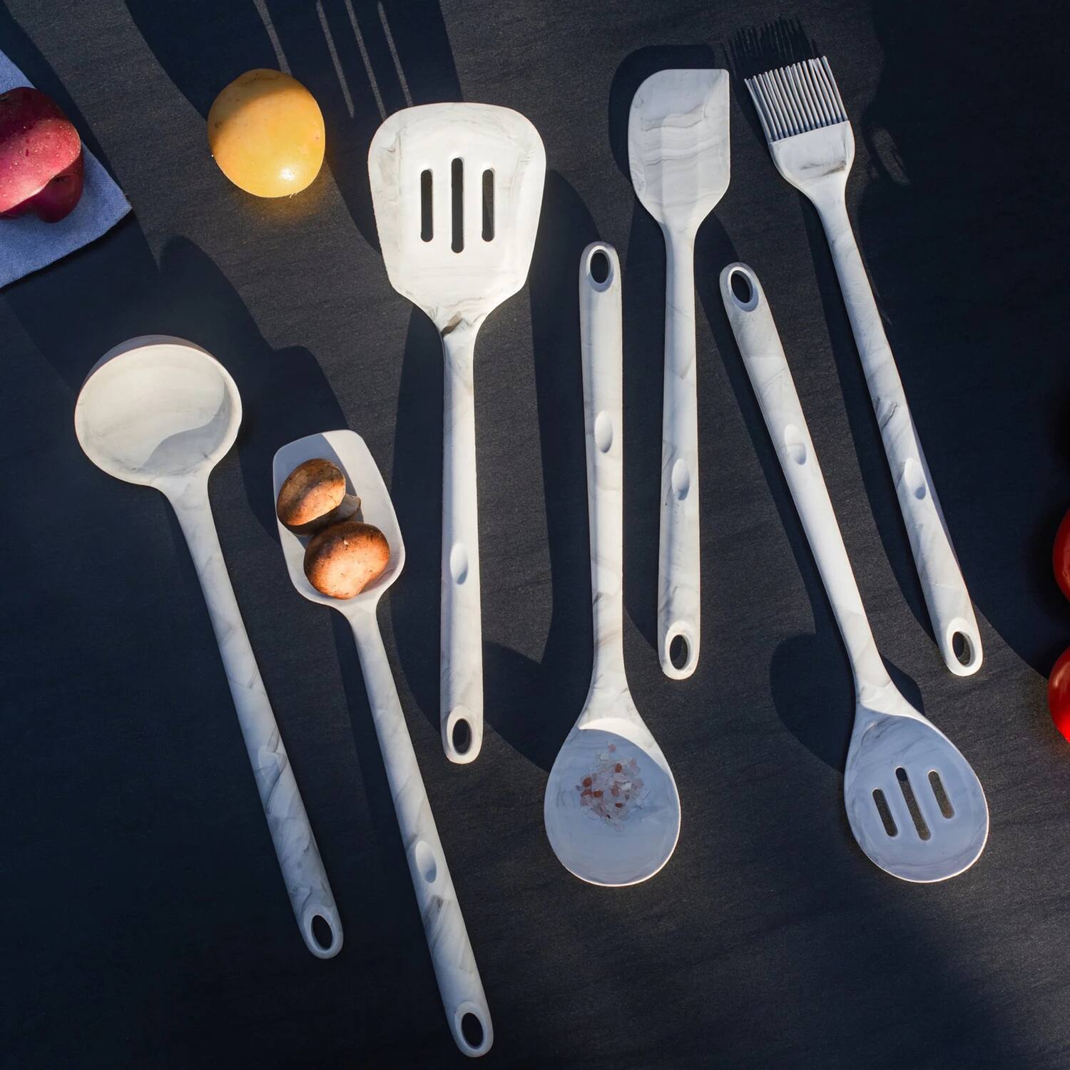 Angle. Better Houseware - 8-Piece Silicone Utensils Set Marble Design - White Marble.