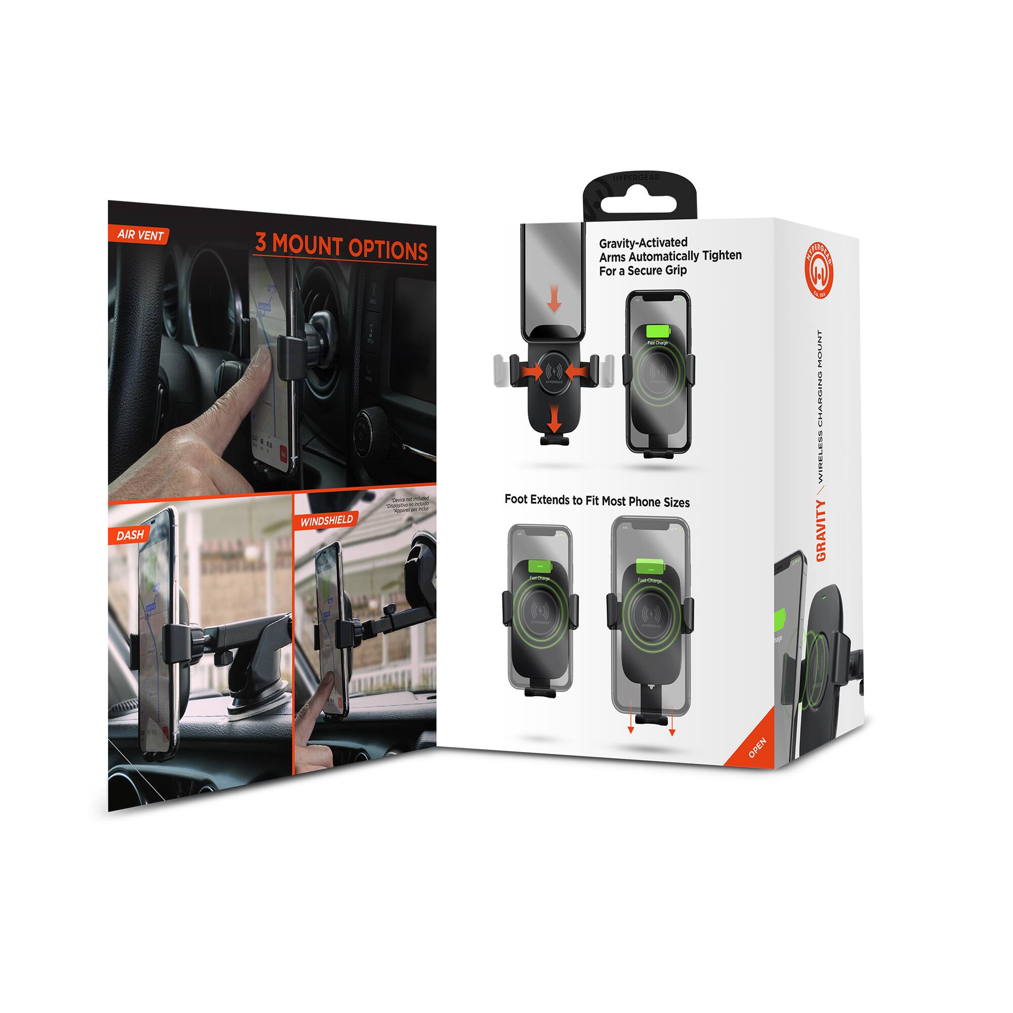 AMR VENT 3 MOUNT OPTIONS  
Gravity-Activated Arms Automatically Tighten For a Secure Grip  

DASH WINDSHIELD  
1 Foot Extends to Fit Most Phone Sizes  

PLPUPET CHARGING WELS GRAVITY
