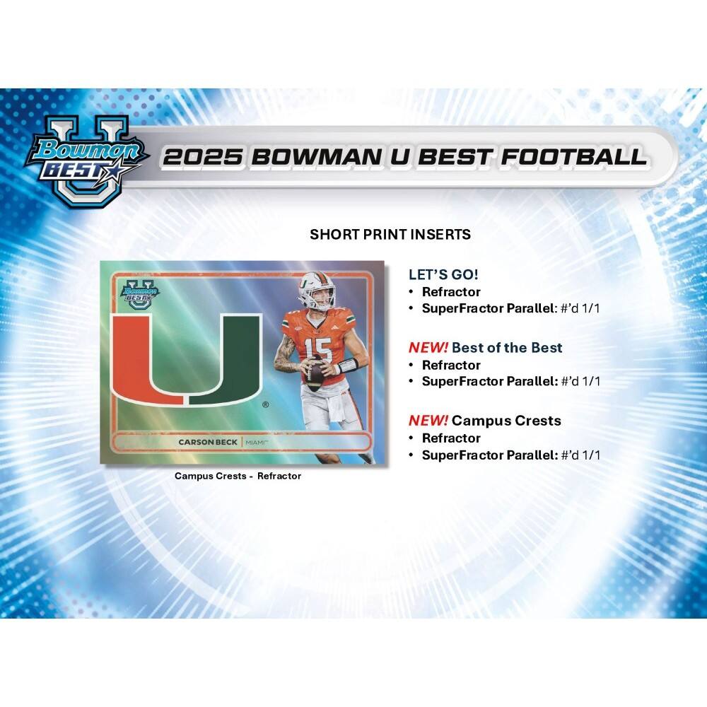 Bowman 2025  
Bowman U Best Football  
Short Print Inserts  

Let's Go!  
- Refractor  
- SuperFractor Parallel: #d 1/1  

NEW! Best of the Best  
- Refractor  
- SuperFractor Parallel: #d 1/1  

NEW! Campus Crests  
- Refractor  
- SuperFractor Parallel: #d 1/1  

Carson Beck  
Miami  
Campus Crests - Refractor