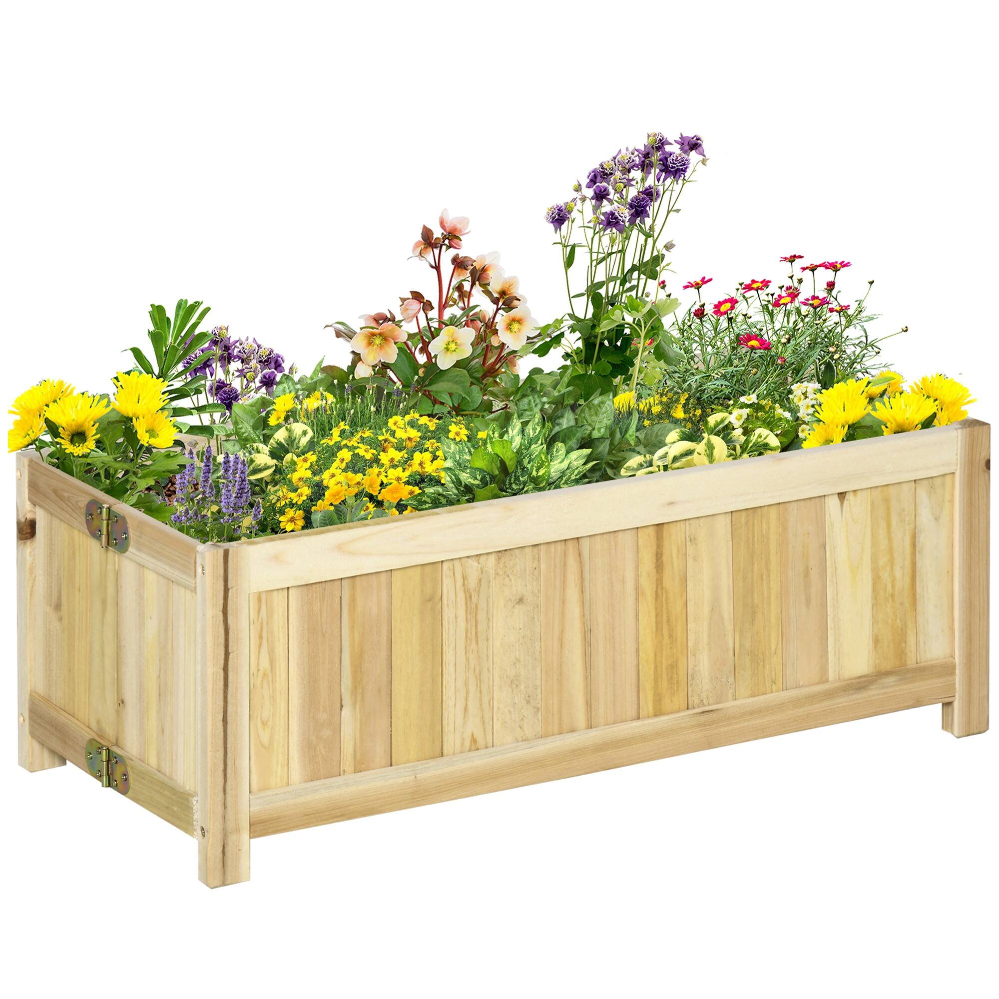Outsunny - Foldable Raised Garden Bed, Wooden Planter Box, Herb Garden Planter with Drainage Holes - Natural wood finish